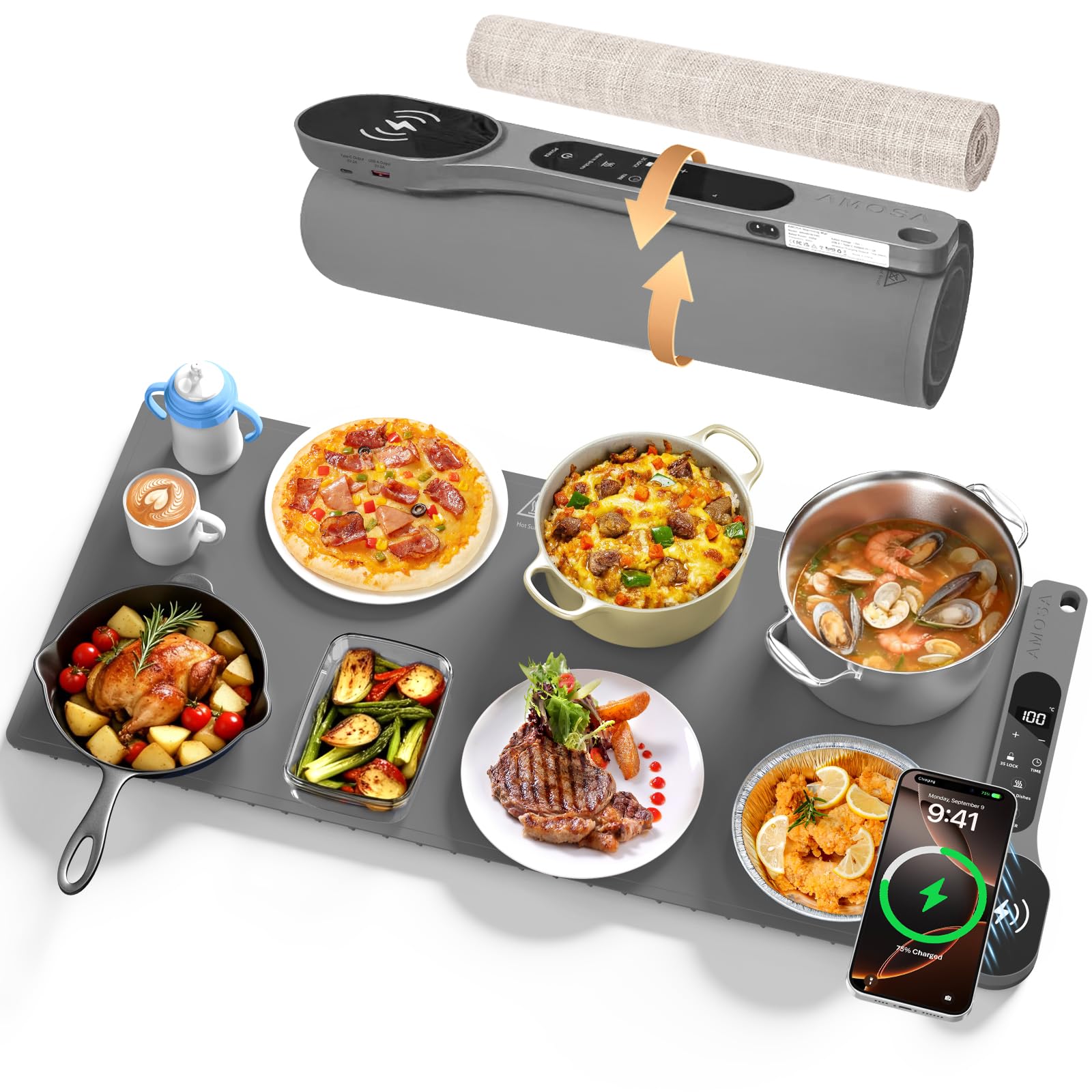 Alfombra Calentador Comida Portatil Nueva con Carga Inalámbrica, 34"x15" Extra Grande, 7 Niveles de Temperatura, Temporizador de 8 Horas, Bandeja Calefactora Eléctrica para Comidas y Fiestas (Gris)