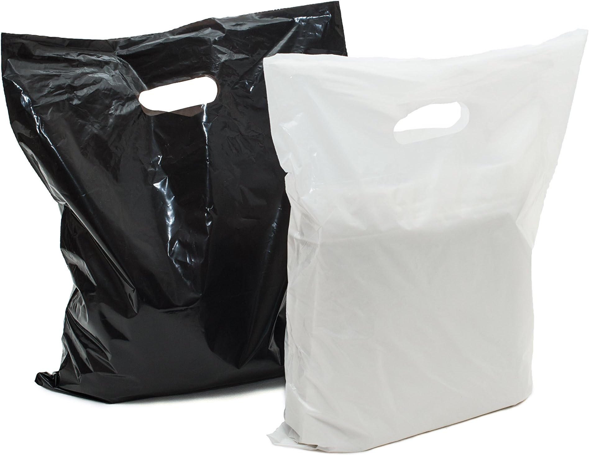 Merchandise Bags: ACME Bag Bros 100 Large Black and White Plastic Retail Bags, Plastic Bags w Handles 12x15"; Plastic Shopping Bags; high Density, for Party, Gifts, Small Retail Shops & Trade Shows
