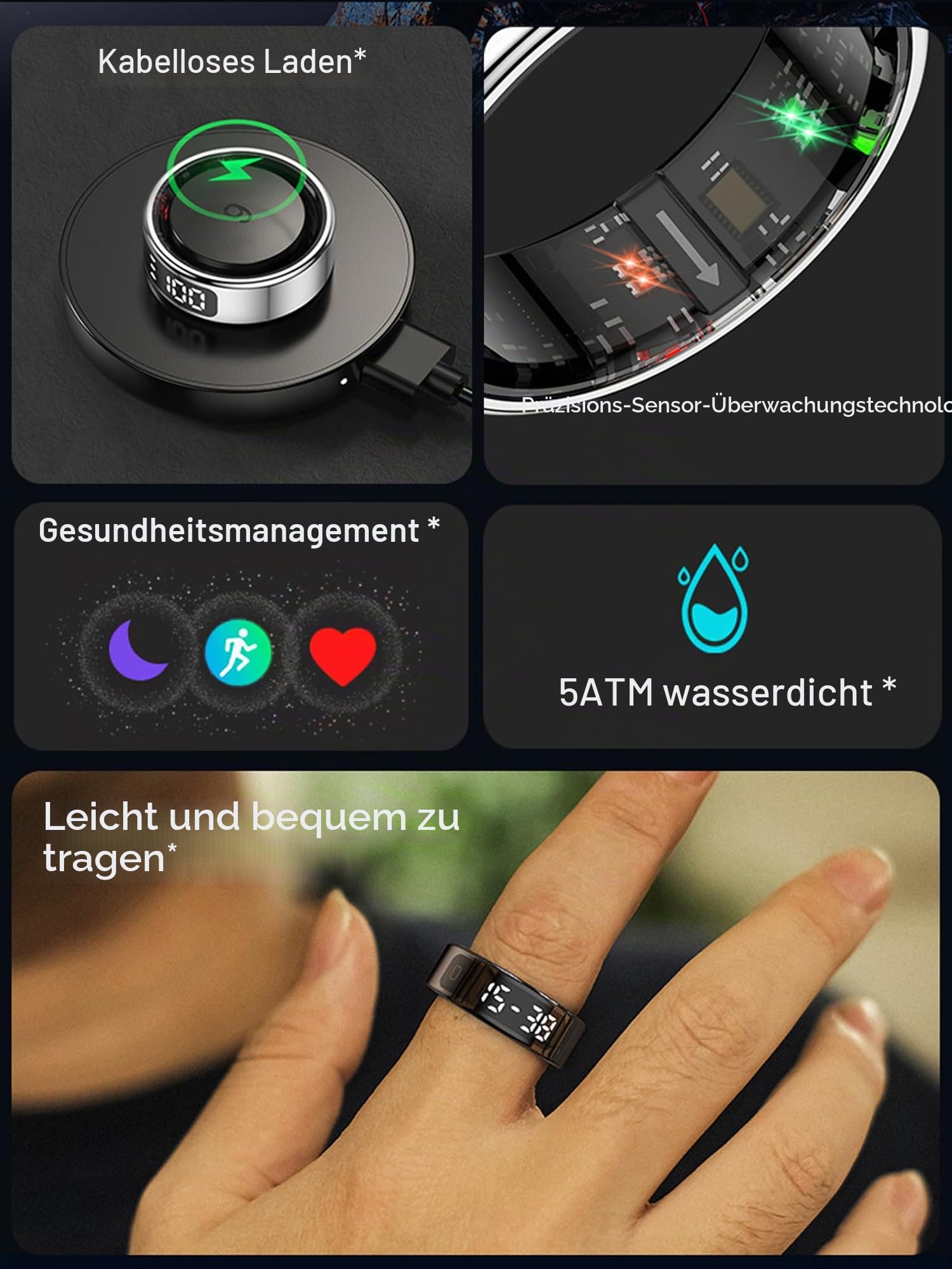 findtime Smart Ring Fitness Ring mit Display LED Anzeige Smartring Herren Damen Android iOS Schrittzähler Pulsmesser SpO2 Fitness Tracker Ring Schlaf Aktivitätstracker IP68 Tik Tok Scrolling Ring