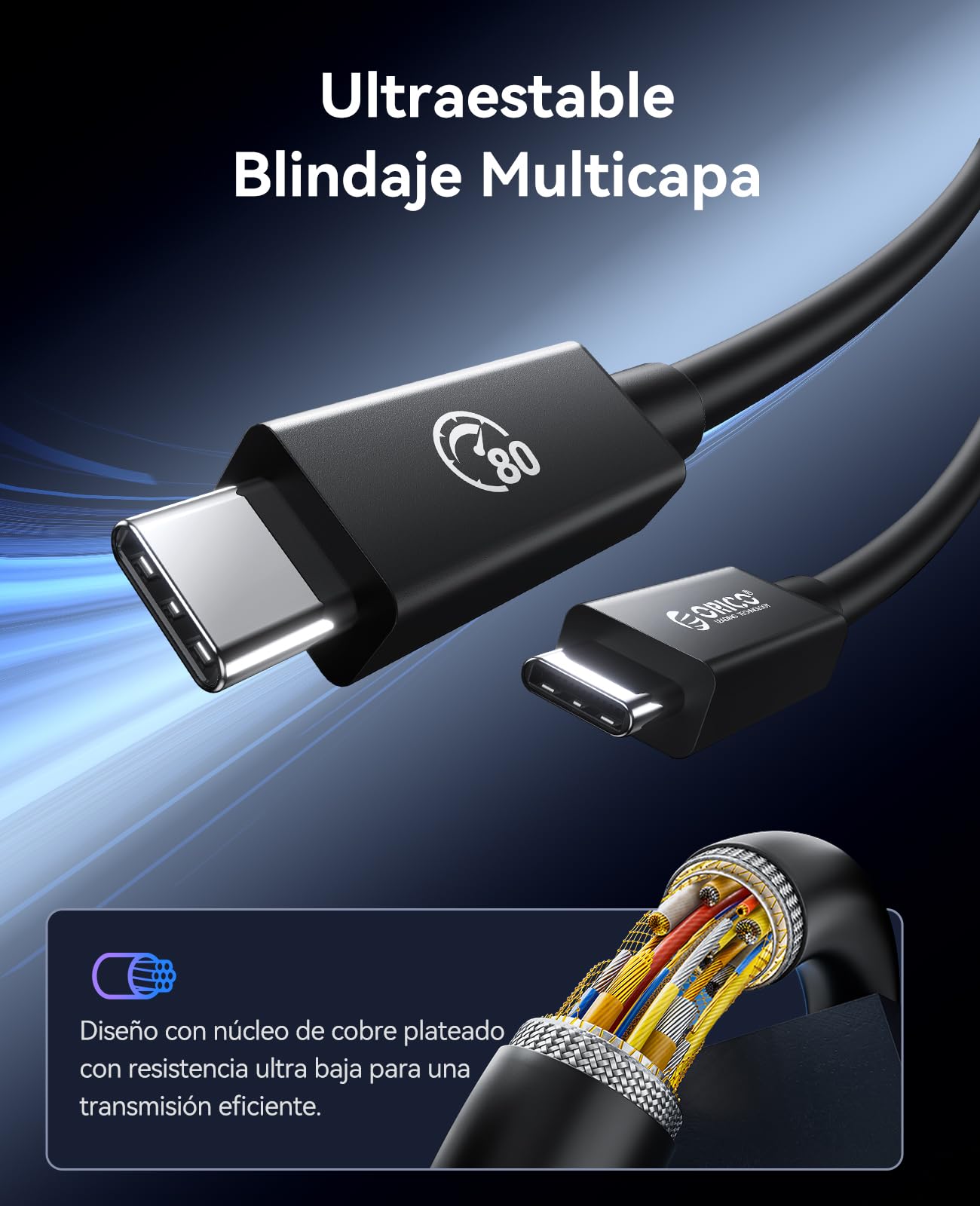 ORICO Cable Thunderbolt 5, 80Gbps Cable USB-C a USB-C, 240W de Potencia, hasta 120Gbps de ancho de banda, pantalla 8K, compatible con Thunderbolt 5/4/3, iPhone 16, MacBook