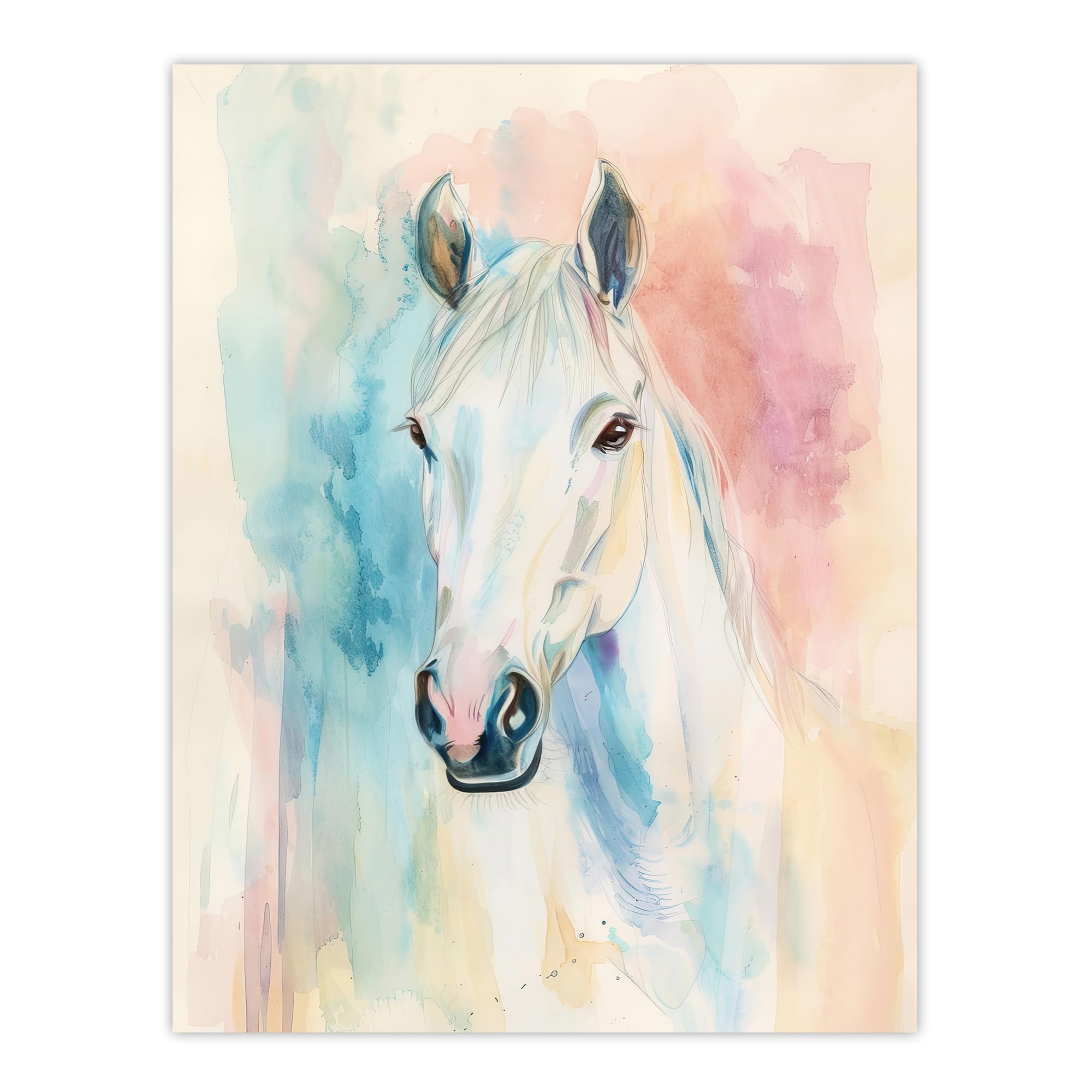 Artery8 Watercolour White Horse Head Portrait Wall Art Print - W24 inch x H32 inch