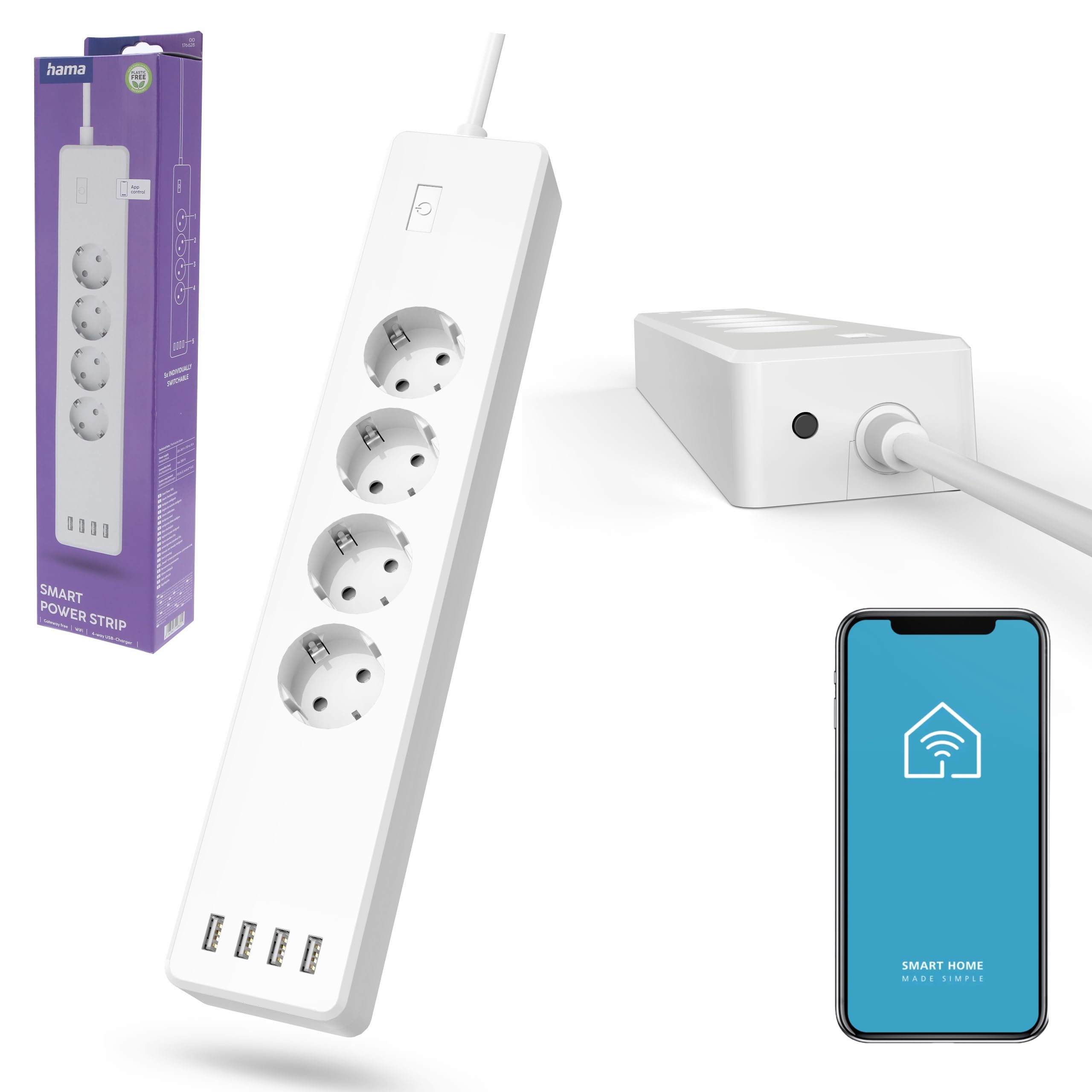 Hama Multipresa connessa WiFi intelligente (multipresa USB 4 prese 10 A + 4 USB, 2300 W, programmabile tramite app, 1,7 m, prese Alexa Google Home, misurazione conso elettrico, senza hub) bianco