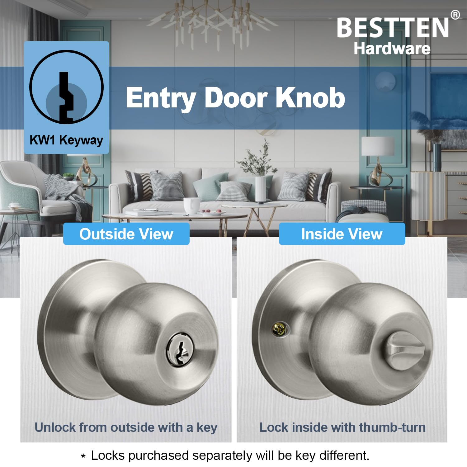 Satin Nickel Door Knob with Lock - Heavy Duty -6