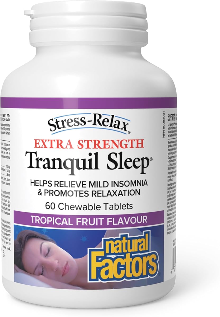 Natural Factors Stress-Relax Tranquil Sleep EXTRA STRENGTH, 60 Chewable Tablets Tropical Fruit Flavour, L-Theanine, 5-HTP, Melatonin, Helps Relieve Mild Insomnia & Promotes Relaxation, Proudly Canadian