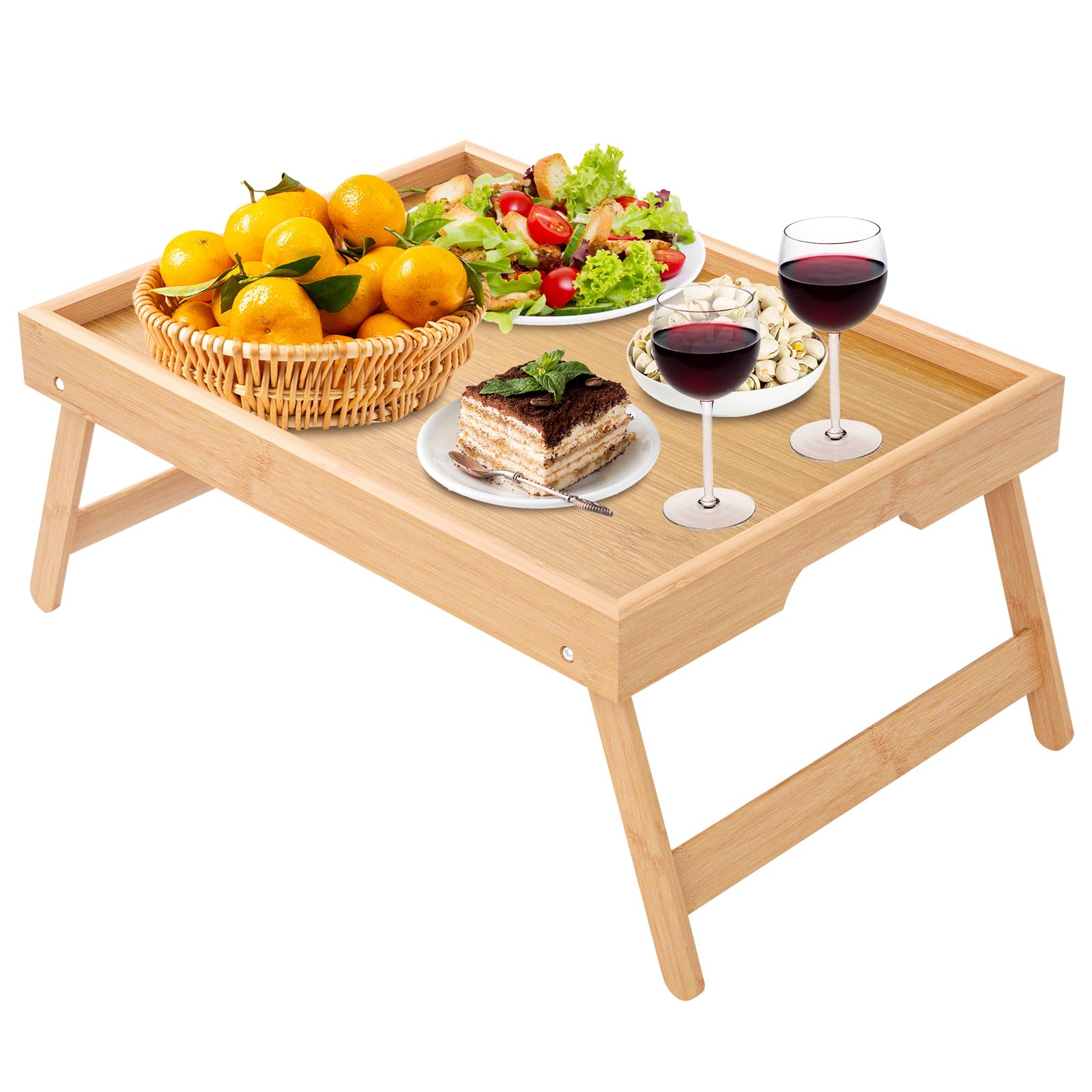 Vassoio da letto in bambù con gambe pieghevoli, vassoio da portata per colazione a letto, vassoio per computer portatile, vassoio per snack per letto e divano, 40 x 30 x 19 cm