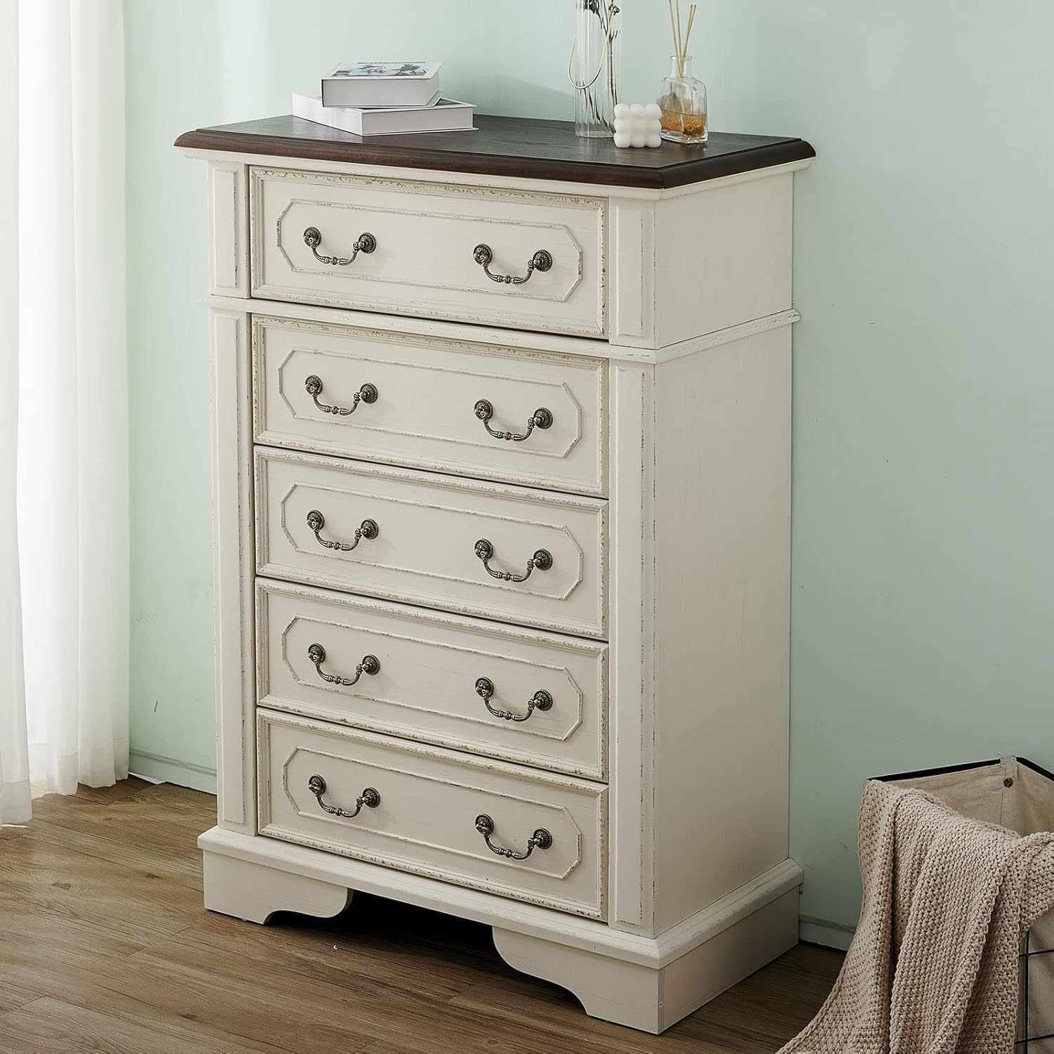 PaPaJet Cómoda alta de 5 cajones para dormitorio país francés color