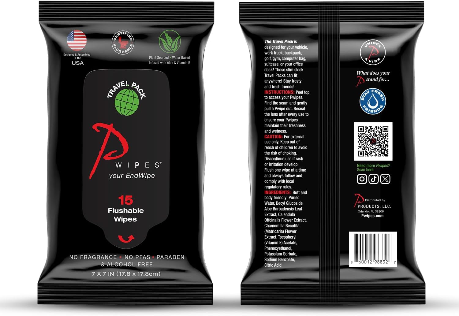 Flushable Wipes | 15 Count Travel Pack | Adult Wet Wipes | Unscented with Vitamin-E & Aloe | Plant Based and Biodegradable | Septic and Sewer Safe |