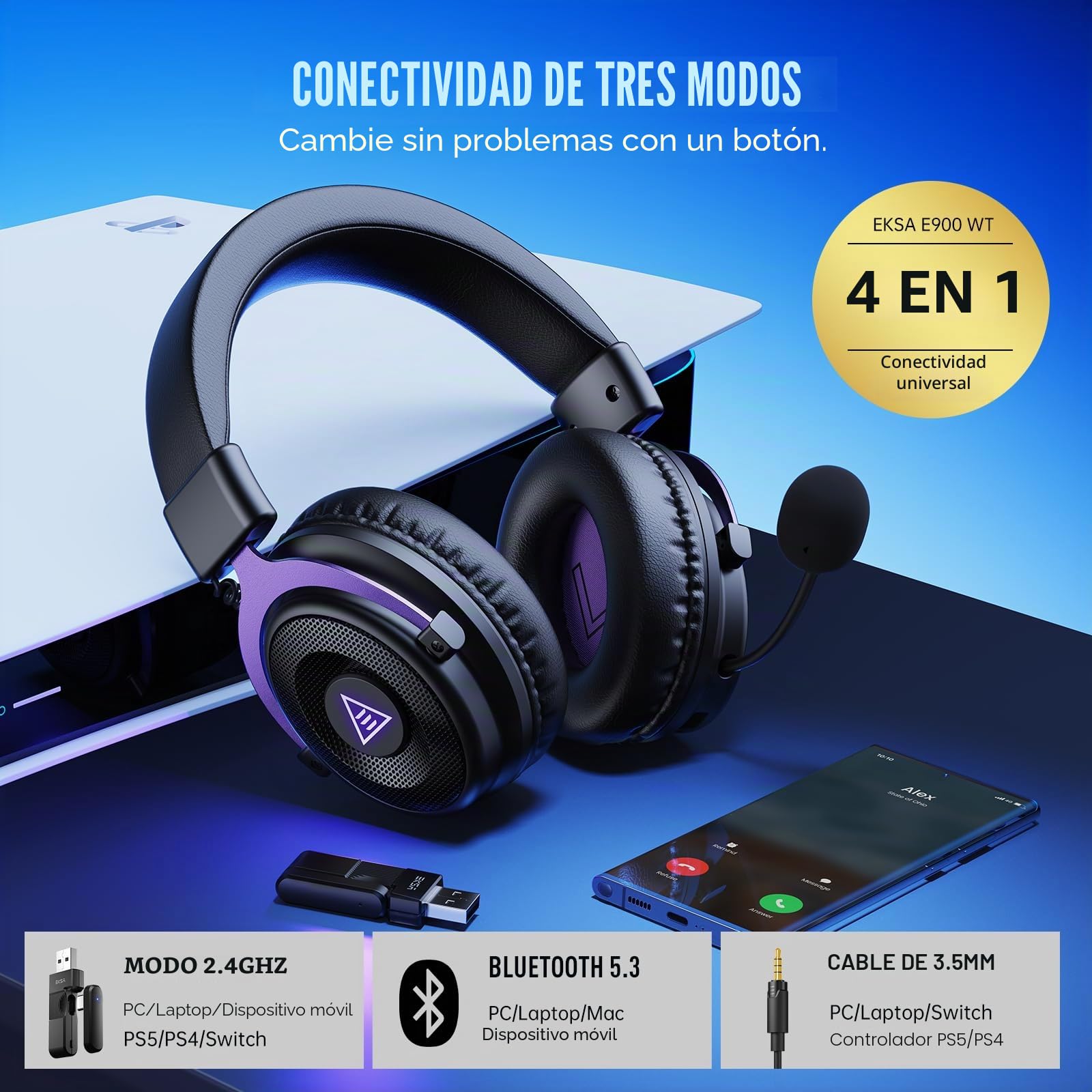 EKSA E900WT Cascos Gaming Inalámbricos para PC, PS5, PS4, Switch, Mac - Auriculares Gaming Inalámbricos y Microfono Cancelación Ruido, Gaming Headset with 2.4GHz USB A & C,80H Batería, 3D Sonido