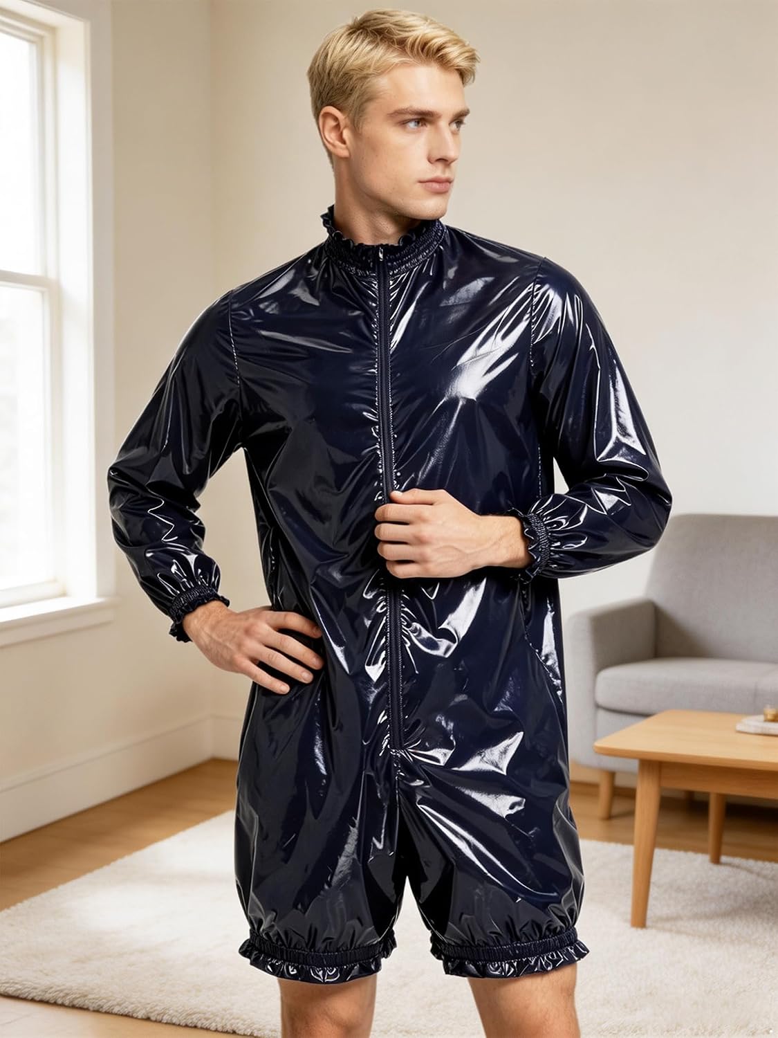 ranrann Men Incontinence Bodysuit Front Zip Up Nightwear | Leakproof,Mock Neck,Zipper Front,Long Sleeve,Lightweight Adjustable Fit,Sauna Suit,Turtleneck,Special Needs Clothing