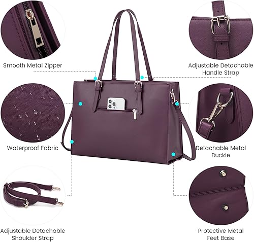 Miniatura 5 de LOVEVOOK Bolsa para laptop para mujer, bolsa de mano de gran capacidad, juego de bolso de hombro de cuero, maletín de trabajo profesional para