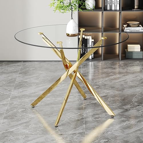 Miniatura 33 de Mesa redonda de comedor de vidrio para 2 a 4, moderna mesa superior de vidrio templado, patas cromadas resistentes, almohadillas ajustables, mesa de