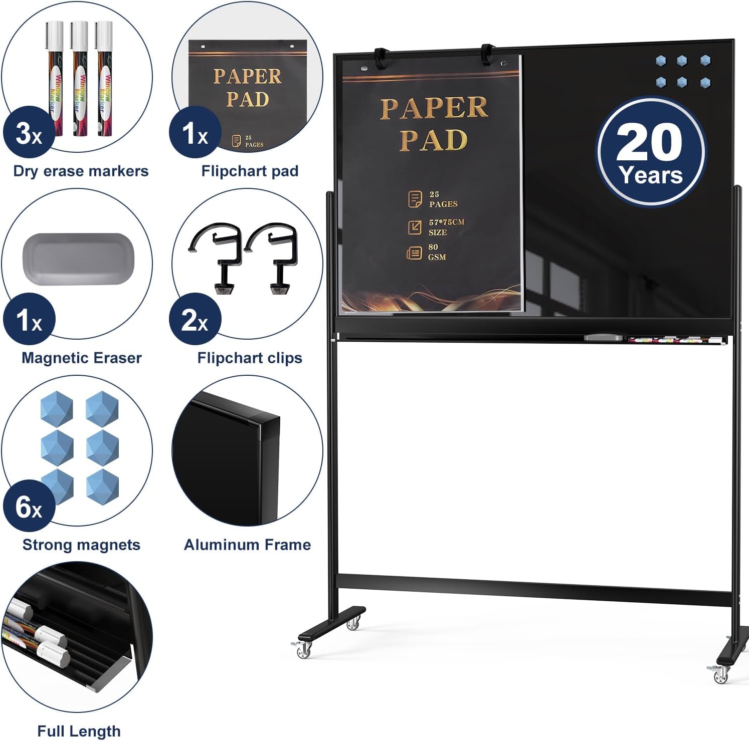 TSJ-OFFICE Rolling Glass Whiteboard on Wheels - 48" x 32" Magnetic Mobile Dry Erase Board with Stand, Large Rolling White Board with 25 Sheets Paper Pad, Transparent Tempered Glass Board Office, Home
