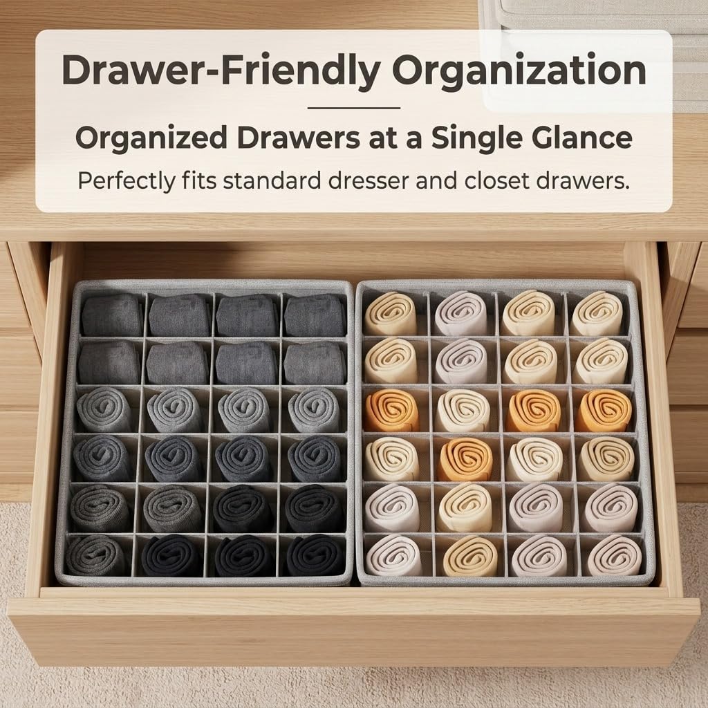 2 Pack Drawer Organizer, 48 Cell Total Collapsible Cabinet Closet Organizer Divider for Socks & Underwear