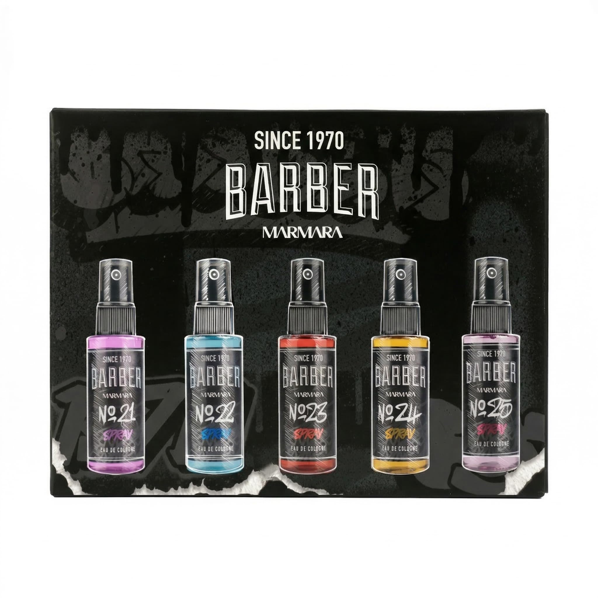 Barber Marmara Graffiti Mix Eau de Cologne Gift Set for Men 5 x 50ml | Mini Turkish Barbershop Aftershave Sprays with Fresh Woody Citrus Scents. Long Lasting Travel Size Fragrances.