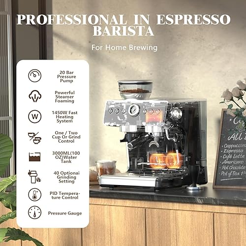 Miniatura 2 de Empstorm Máquina de café expreso con molinillo, cafetera espresso semiautomática de 20 bar con espumador de leche para uso comercial en barista en