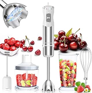 Hand Blender, 5-in-1 Stainless Steel Electric Stick Blender 1000W, 12 Speeds Adjustable, Baby Food Blender with Egg Whisk, Frother, 500ml Chopper, 600ml Measuring Cup, BPA Free Food Processor