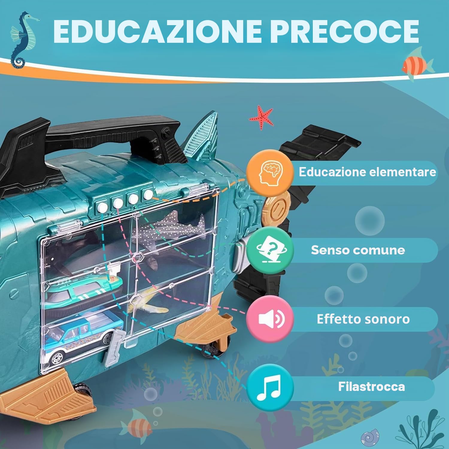 Shark Truck With LED and Music, Camion With 2 Squalo Auto, 18 Marine Animals and Toy Cars Inside