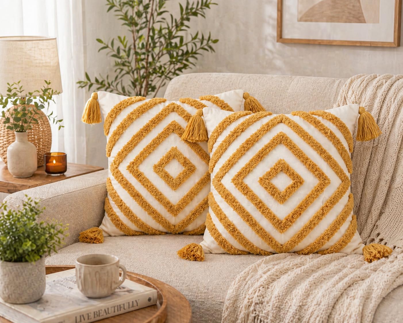 Boho Cushion Covers with Tassels 16x16 Inch (Set of 2) | | Soft Textured Decorative Throw Pillow Covers for Sofa, Living Room & Bedroom | Hidden Zipper (Mustard)-image-27