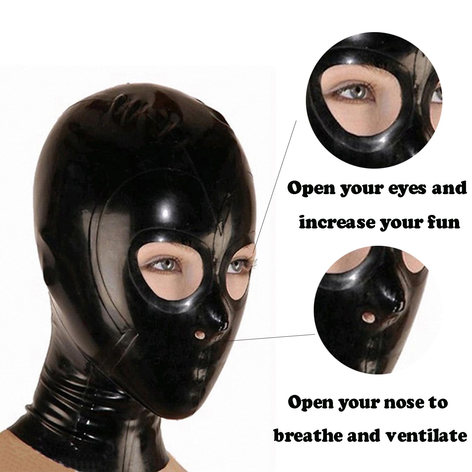 Kangxinsheng Black Latex Hood with Back Zipper,Rubber Mask open Eyes and Nose,Unisex Cosplay Club Costume (XXL) - Image 2