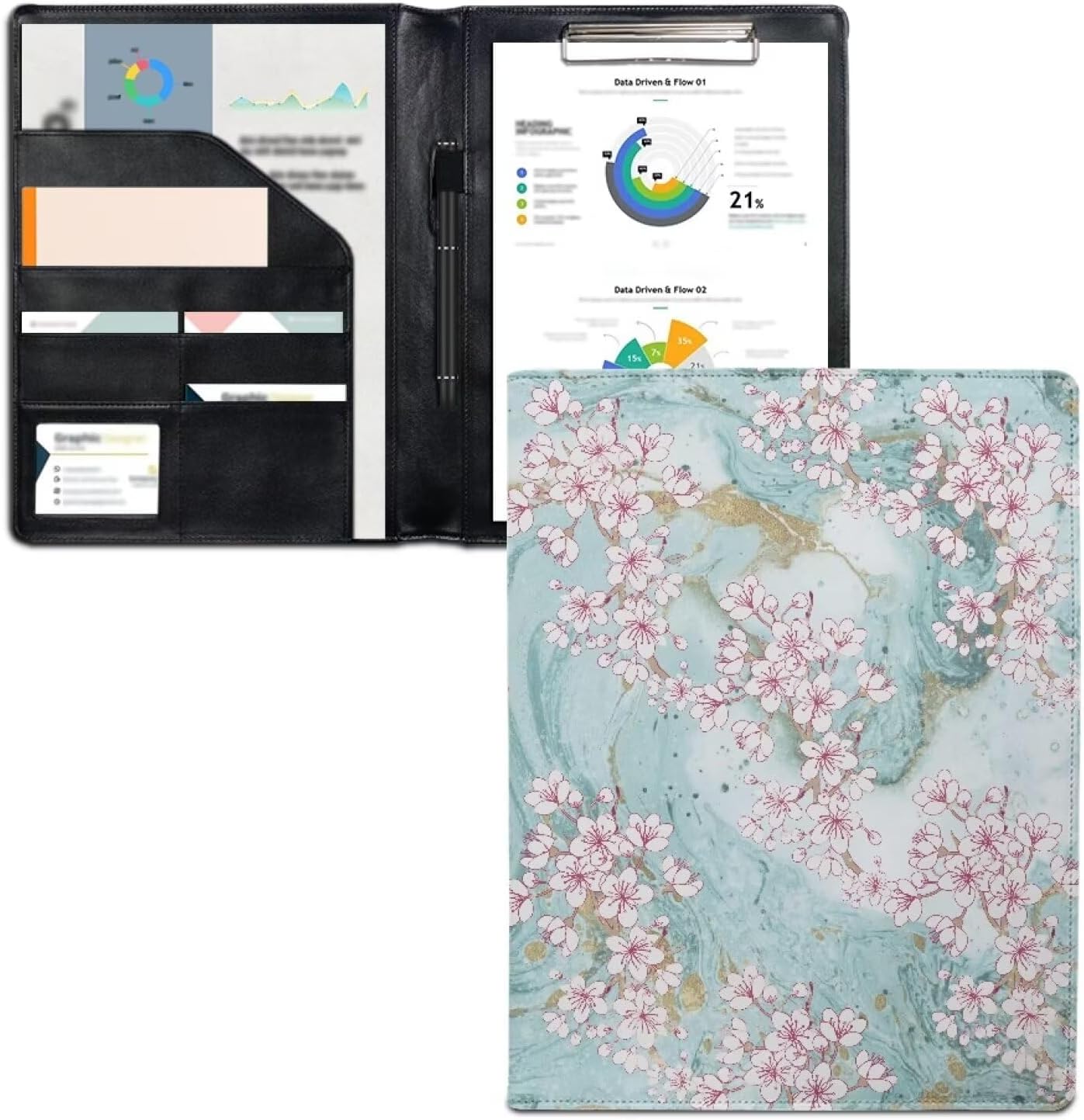 HUIACONG Peach Blossom Leather Interview Portfolio Marble Print Business Portfolio Organizer for Ladies Women Interview Folder with Legal Pad Folder Clipboard Business Resume Portfolio Folder
