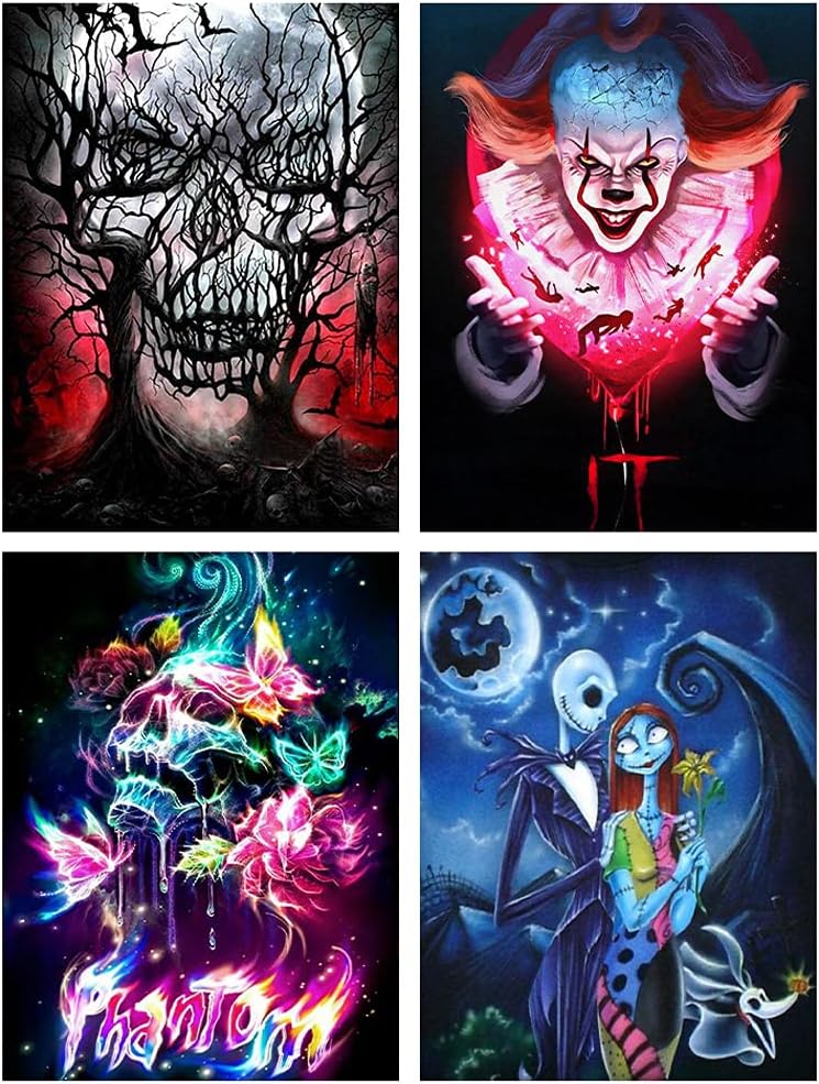 5D Diamond Painting Kits for Adults, 4 Pack Paint with Diamonds Full Round Drill DIY Craft Diamond Art Kits for Home Wall Decor and Adults Kids Gift Skull (Halloween 12 X 16 inch)