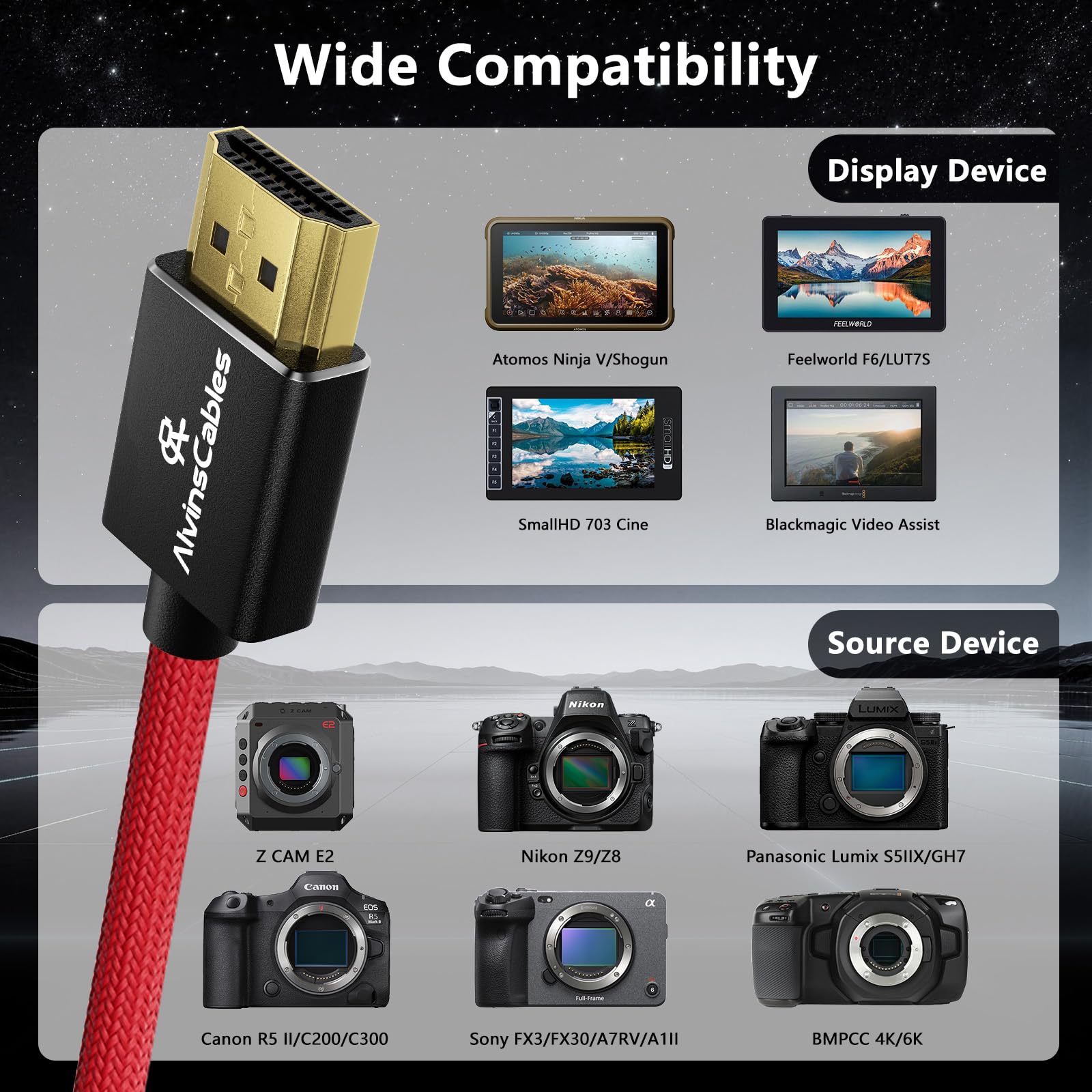Alvin's Cables Cavo HDMI 2.1 8K per monitor Atomos Ninja V, per Sony FS5 FS7, BMPCC, per fotocamera Canon C300 C500, 8K@60Hz 4K@120Hz 48Gbps Cavo a spirale intrecciato ad alta velocità Rosso