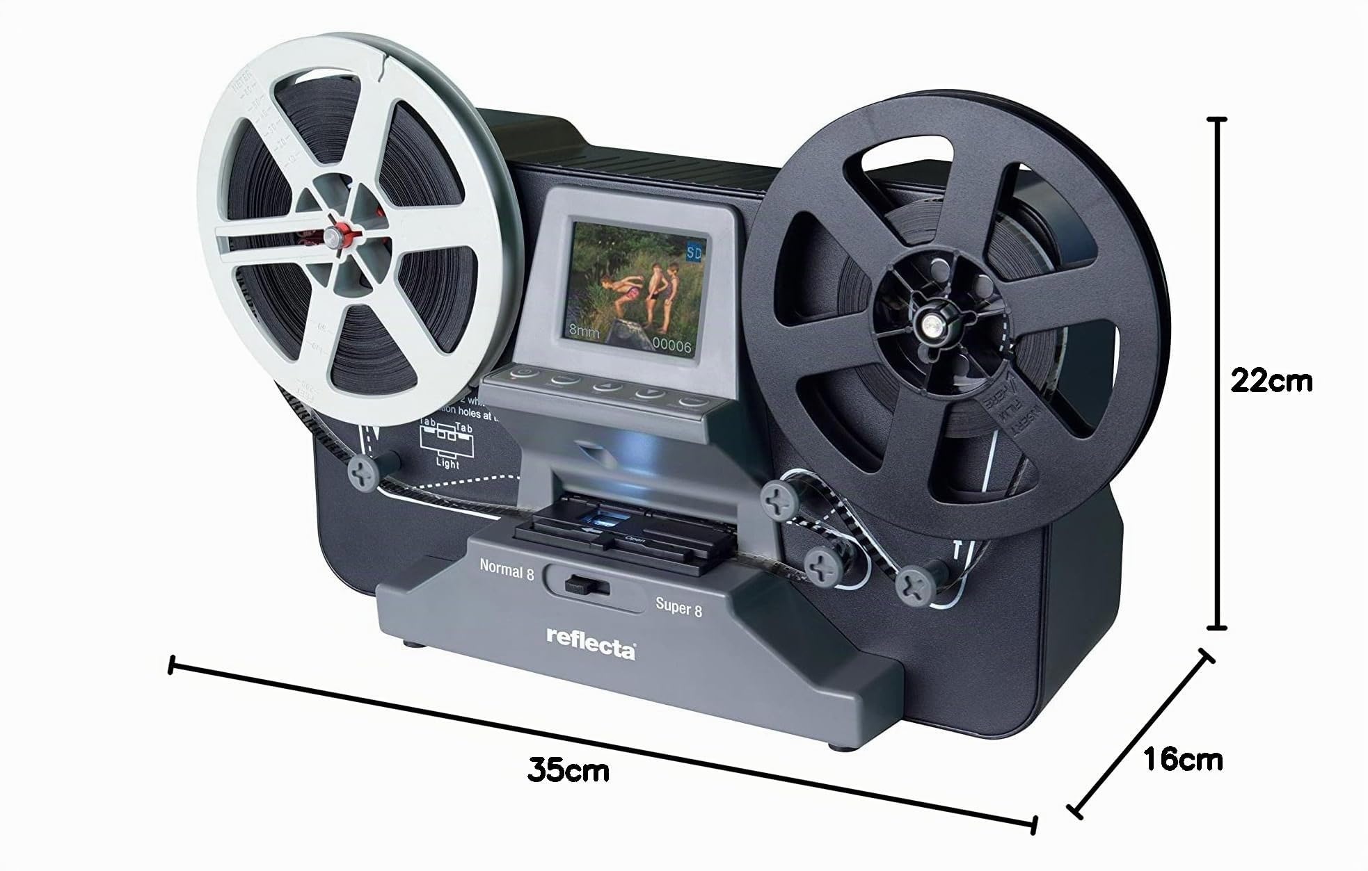 Reflecta Film Scanner Super 8 - Normal 8: CMOS 3,53 MP, Résolution de 1440x1080p 20fps, Écran LCD 2.4'', Interface USB 2.0, Numérisation HD MP4, pas d'audio