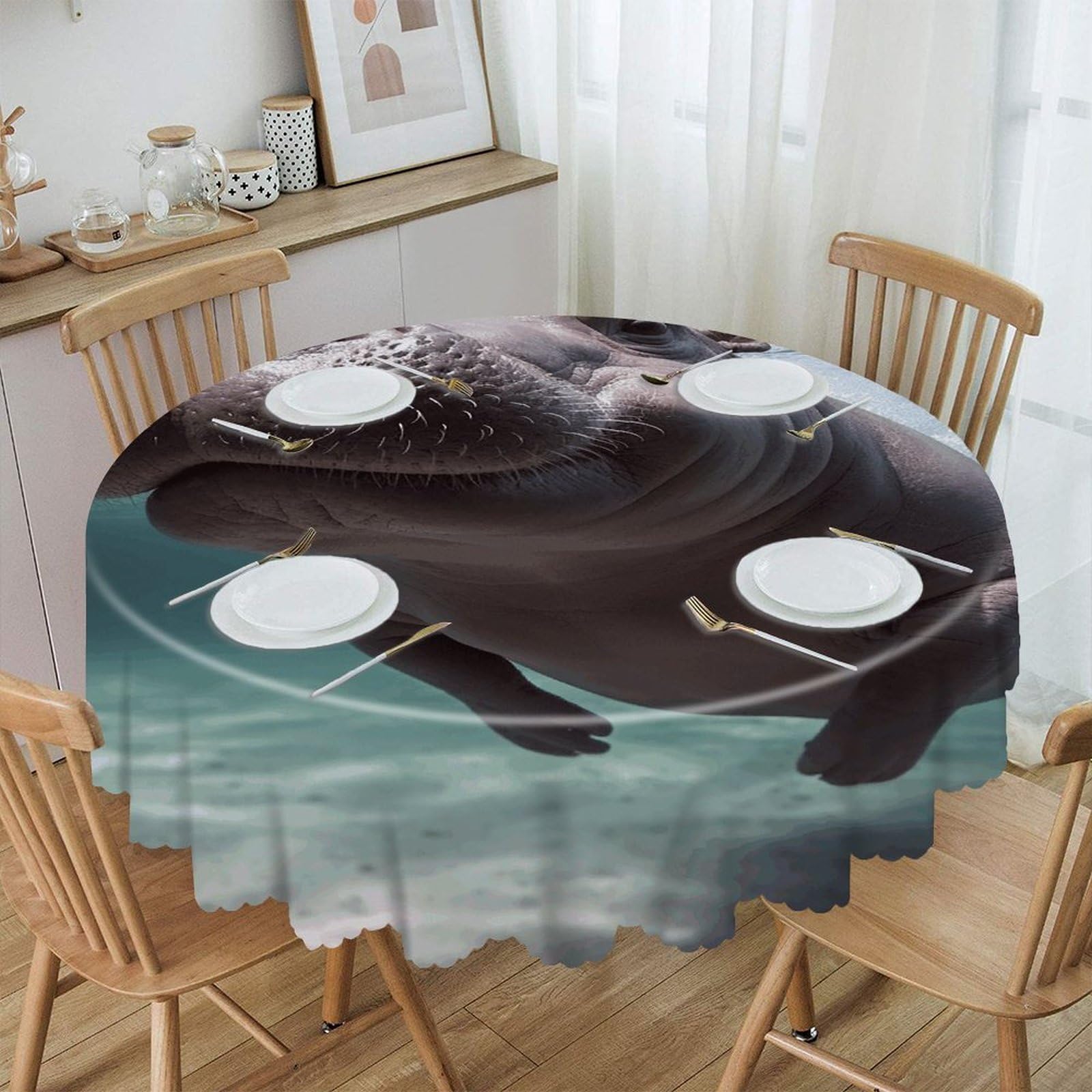 VstaDank Diving Hippo Round Tablecloth Premium Polyester Table Cloth Heavy Duty Washable Fabric Tablecloth Waterproof Holiday Table Cover Decorative Tablecloths for Dining 60"