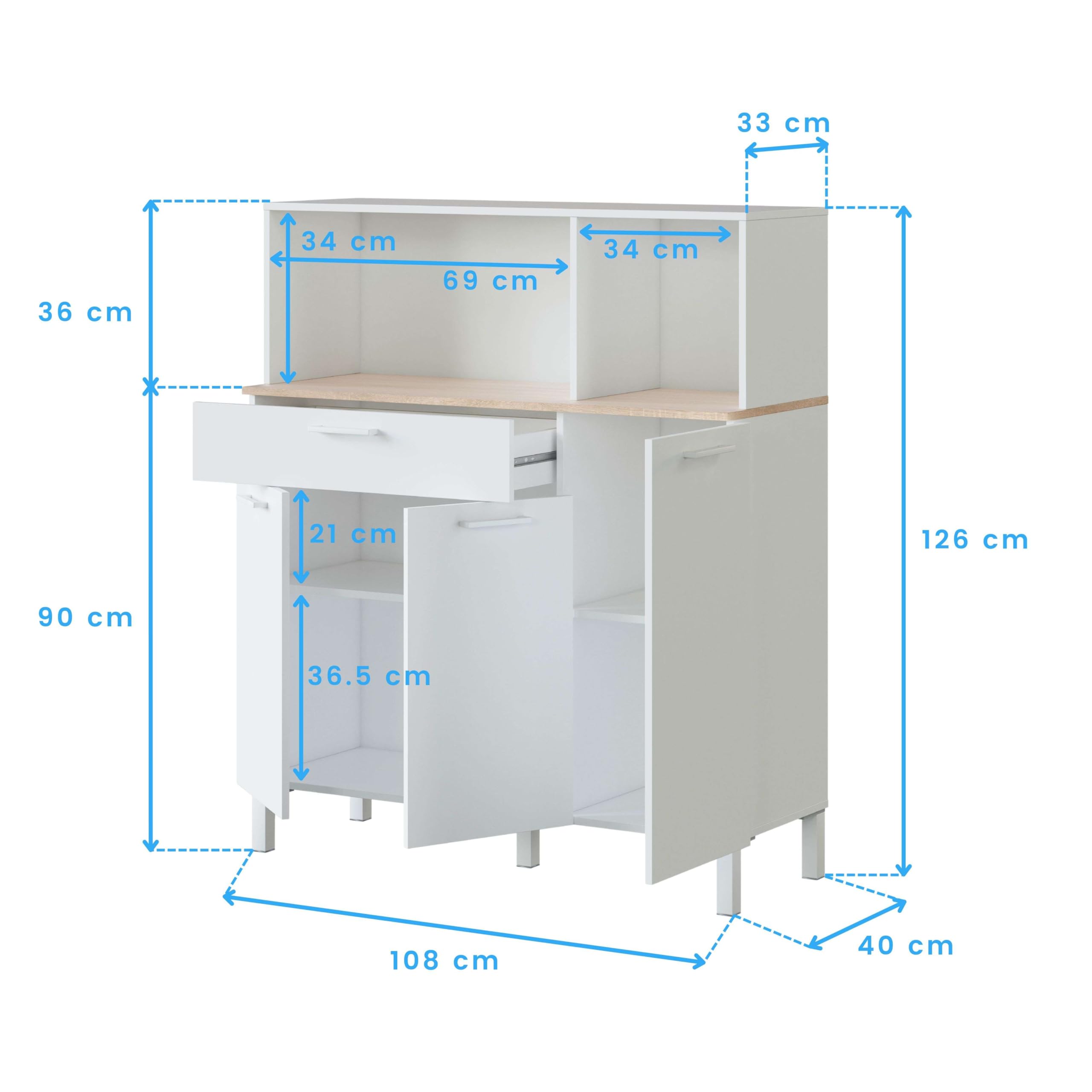 Habitdesign Alacena de Cocina, Aparador Comedor, Mueble Auxiliar 3 Puertas + 1 Cajon y Estante Interior, Color Blanco Artik y Roble Canadian, Medidas: 108 (Ancho) x 126 (Alto) x 40 (Fondo) En cm
