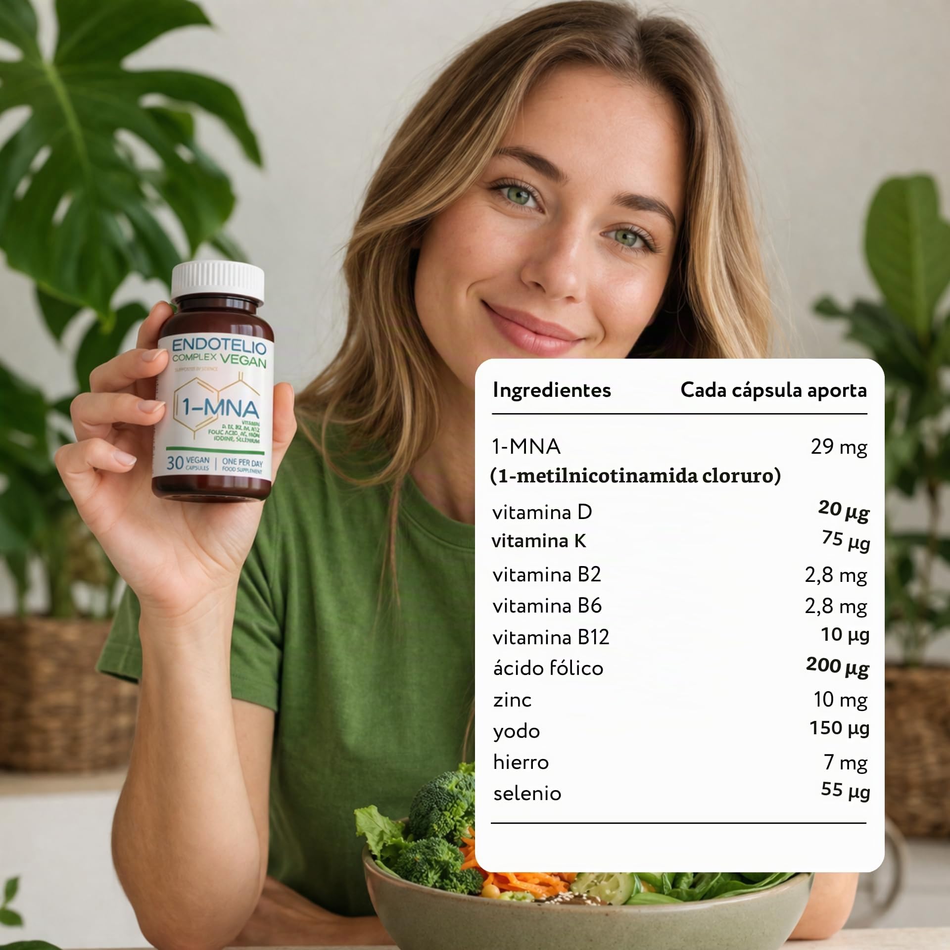 Vegan 1-MNA, NAD+ Optimizador, Antiedad, Vitaminas y Minerales para Mujeres y Hombres con D3, K2, B2, B6, B12, Ácido Fólico, Zinc, Hierro, Yodo, Selenio, Cansancio y la Fatiga, 30 Cápsulas