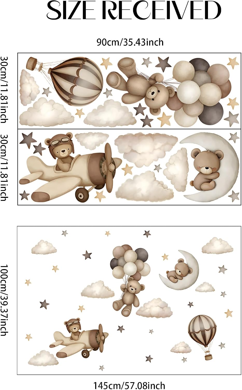 Teddy Bear Wall Decals - Cartoon Bear Air Balloon Star Moon Cloud Wall Stickers for Kids Room Girls and Boys Bedroom Baby Room Nursery Decoration (Coffee Brown Bear Wall Decal)