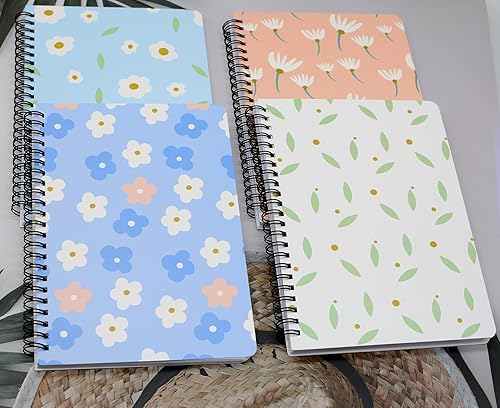 Miniatura 4 de Yansanido 4 cuadernos en espiral A5, tapa dura gruesa con diseño de margaritas de 0.315 in, 4 colores, 80 hojas (160 páginas) para estudio y notas