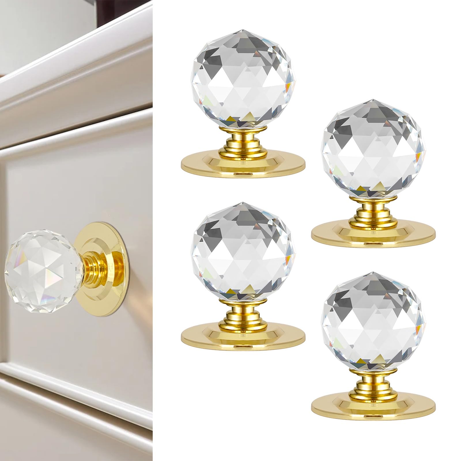 CoreFunc Crystal Ball Shape Dummy Door Knob Passage Hall Closet Door Knobs Interior Clear Crystal Self Adhesive Handles for Drawers Mirrors Cupboards Glass Doors Staircase Corner Decor (4pcs, Gold)