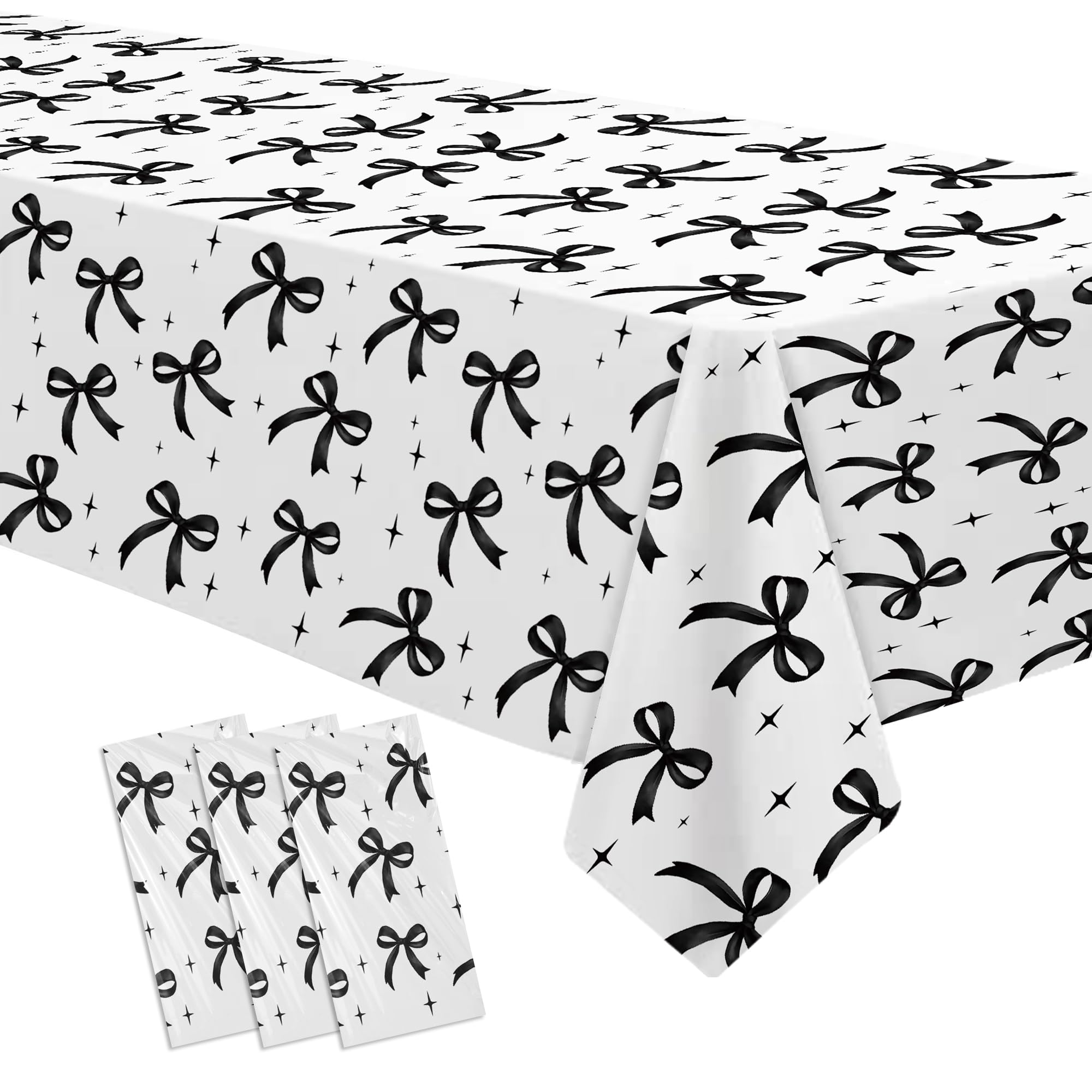 Owelleny Black Bow Party Decorations Tablecloth, 3 Pack Disposable Coquette Theme Black Bow Party Table Cover Supplies for Birthday Baby Bridal Shower