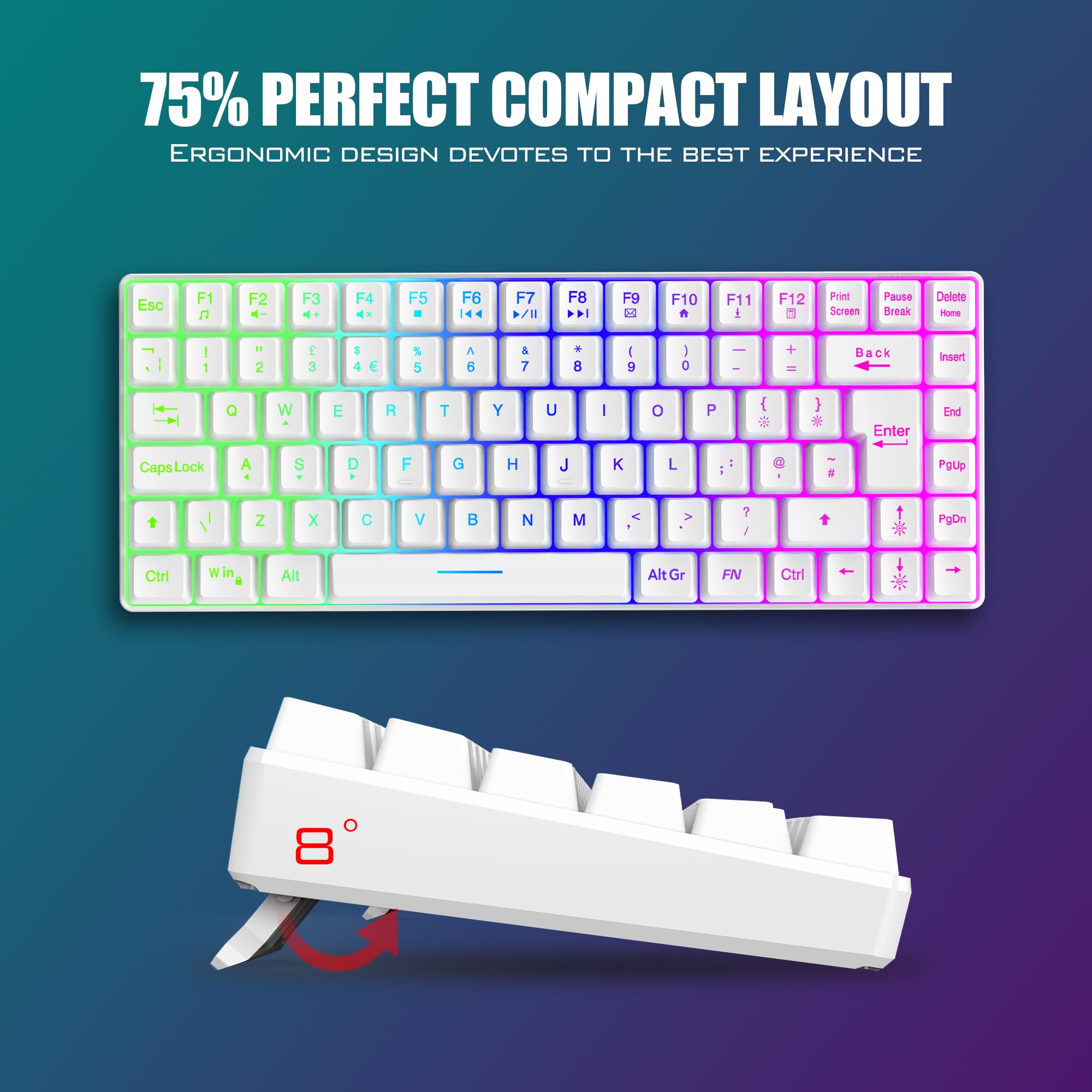 RedThunder K84 75% Wireless Gaming Keyboard and Mouse Rainbow Backlight UK Layout 85 Keys TKL Ultra Compact Mini Design Lightweight Honeycomb Gaming Mouse for PC Mac PS5 Xbox Office Gamers (White) — view 6