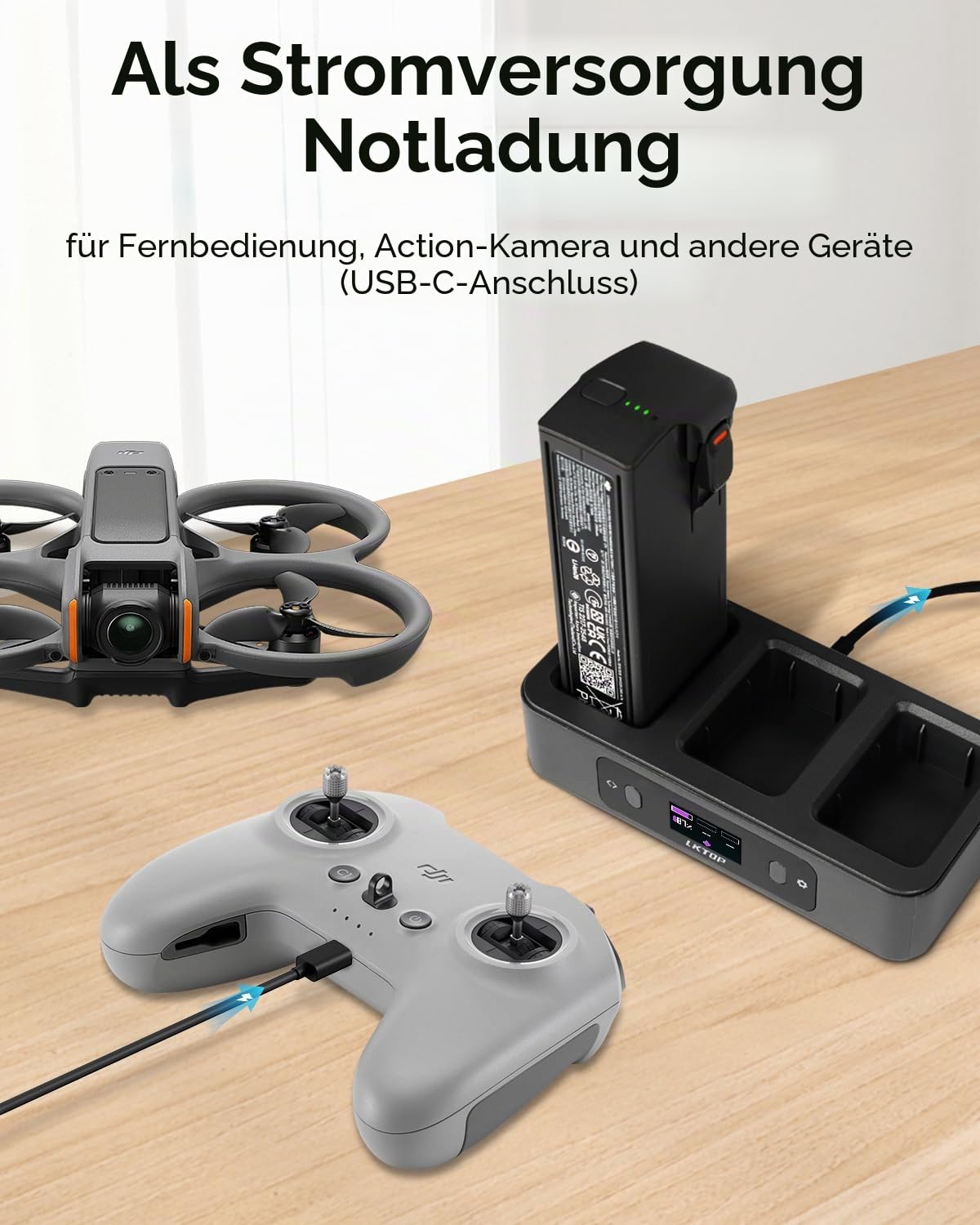 LKTOP 100W Avata 2 Akku Ladegerät Kit für DJI Avata 2 Drohnenzubehör, mit 130W Autoladegerät, 3 Port Schnellladegerät, LED Bildschirmanzeige (2X Schnell, paralleles Laden von 3 Akkus: 1 Std 10 Min)