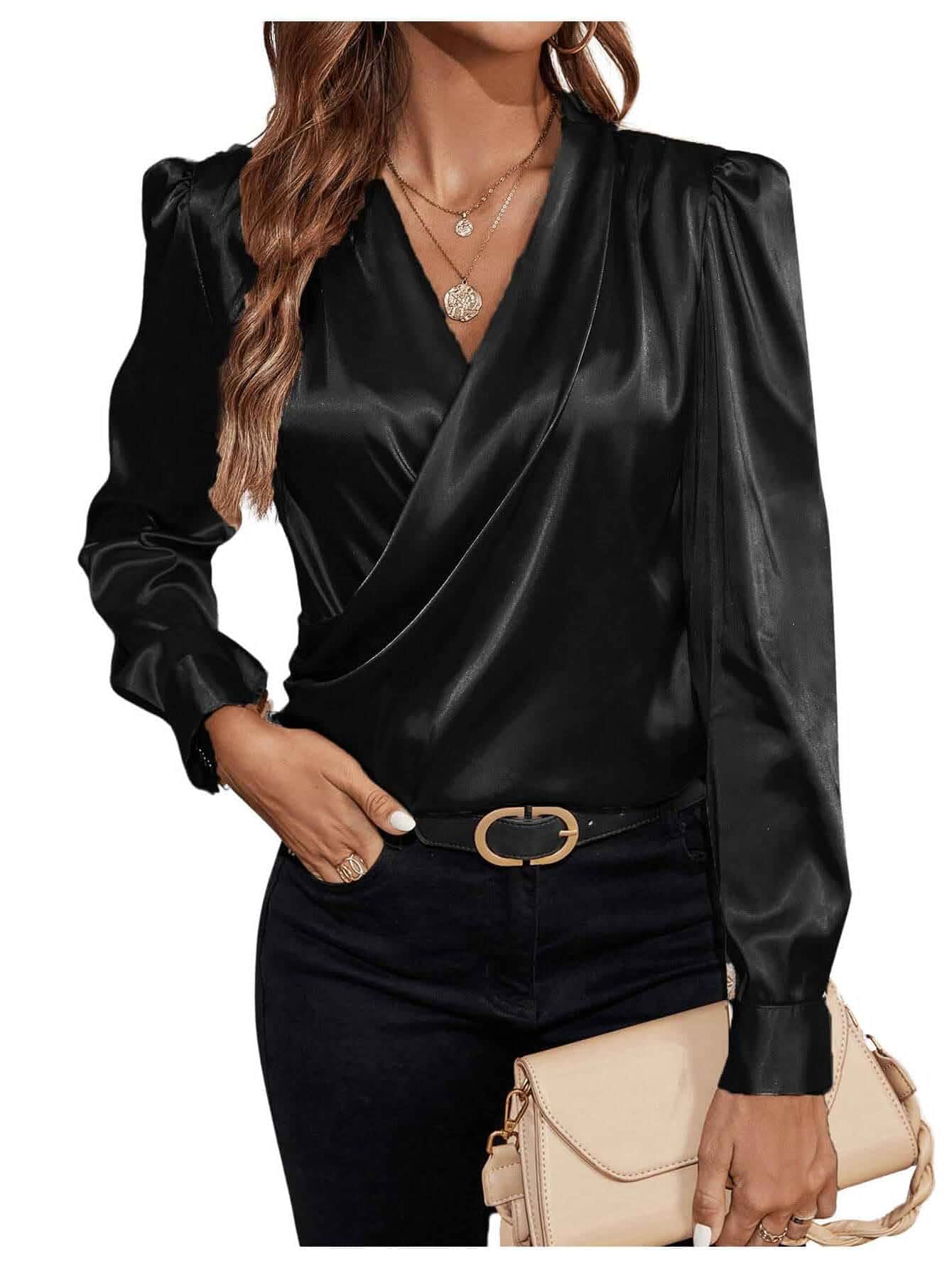SOLY HUX Women's Satin Silk Wrap V Neck Blouses | Puff Long Sleeve Shirts, Casual Office Work Tops