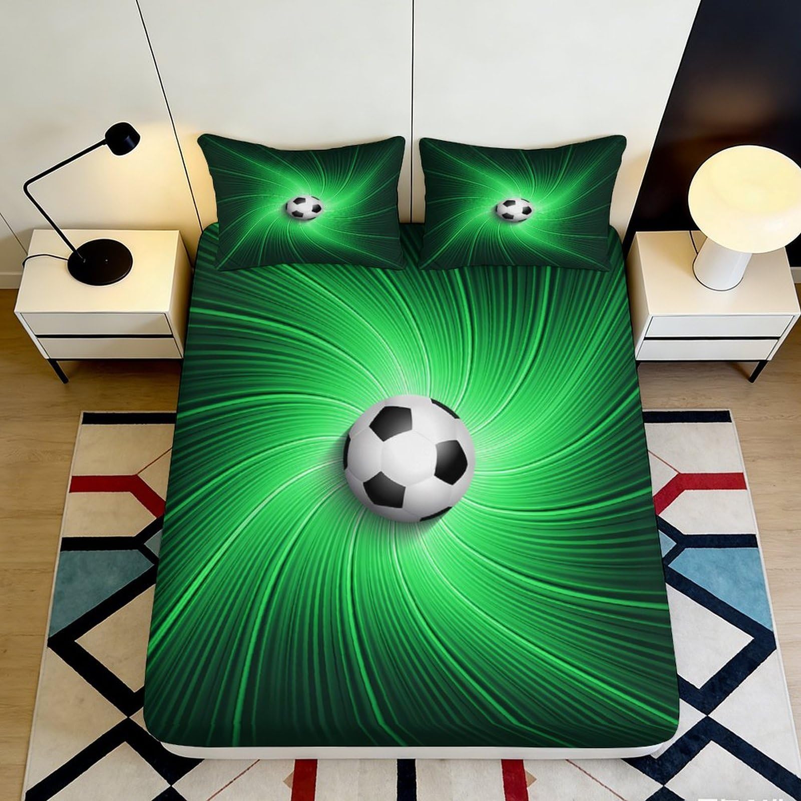 3D Printed Green Swirl Soccer Fitted Sheet Microfiber Soft Bed Cover for Bedroom Guest Room Dorm Mattress Protection Decor 90x200x25cm