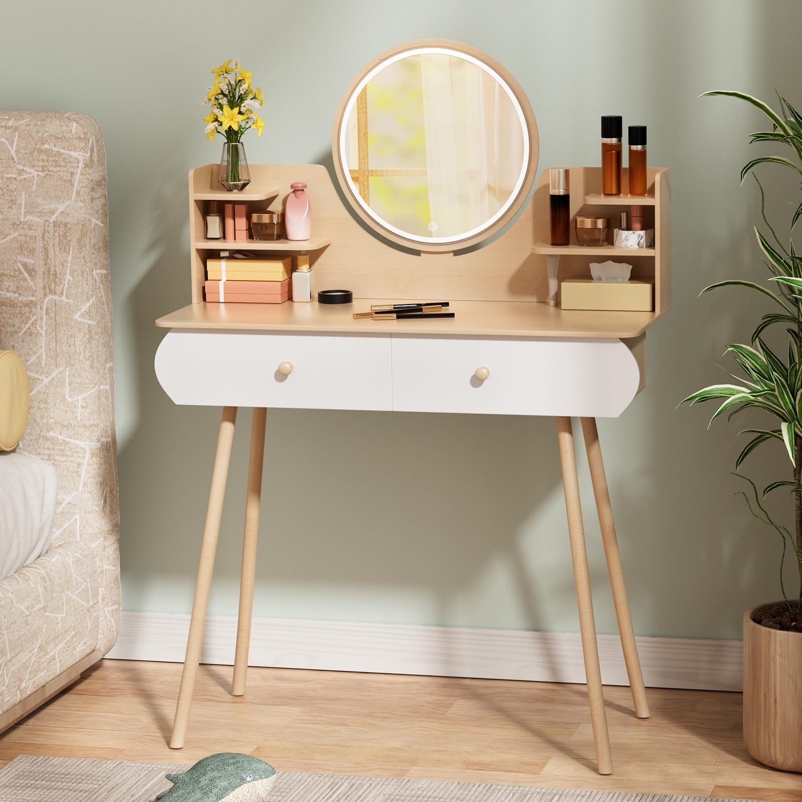 Coiffeuse en bois LED 3 couleurs, commode de maquillage chambre à coucher, miroir 2 tiroirs, table fille 80 cm