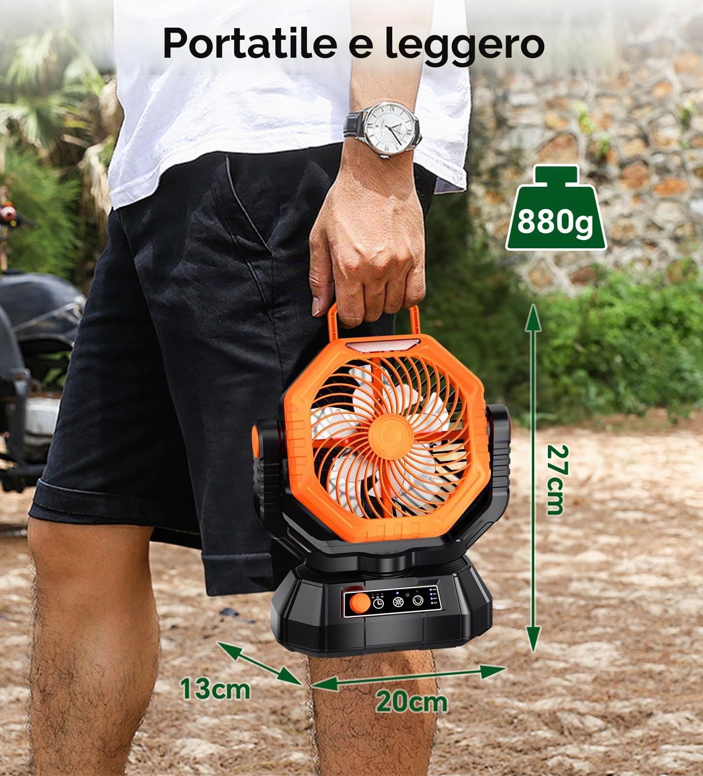 Ventilatore da Campeggio con Lanterna a LED, 20000 mAh Ventilatore da Tavolo con Telecomando e Gancio, Rotazione di 270°, Velocità Continua, Modalità Timer, per Tenda da Interno ed Esterno（Arancia）