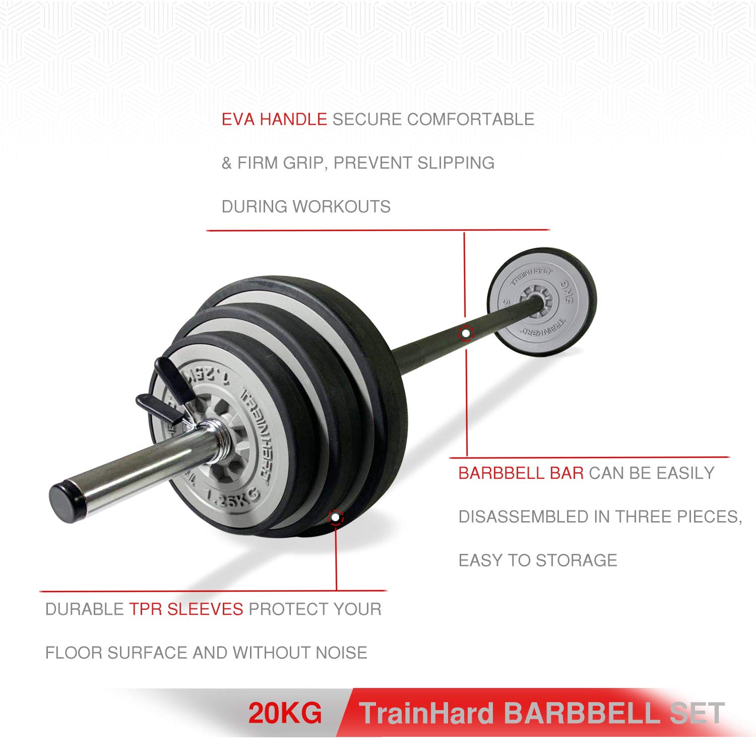 TrainHard 20 kg Hantelset mit federgeschlossenen Hantelstangen inklusive 6 Hantelscheiben, 140 cm Langhantelstangen, Gewichtheben, Fitness-Krafttraining, Nackenschutz, Rutschfestigkeit und Schutzboden