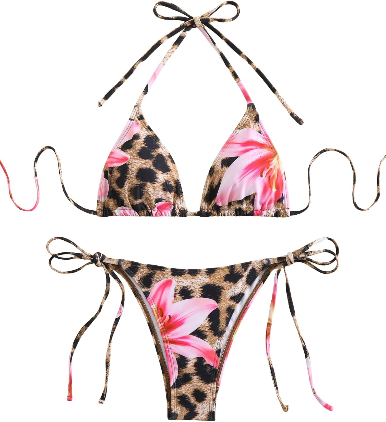 SEGT Women's 2 Piece Floral Print Halter Neck Tie Bikini Set Triangle String Thong Swimsuit Summer Bathing Suits for Women