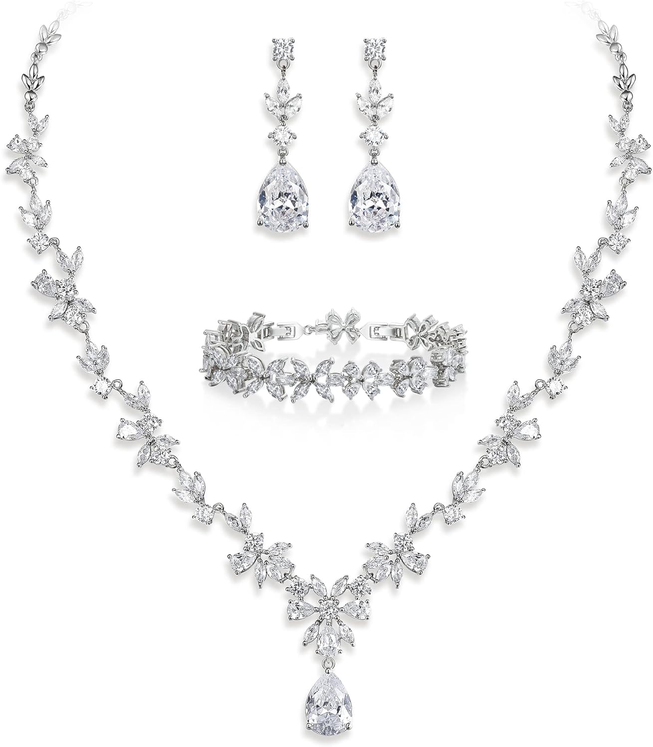 Crysdue Wedding Jewelry Set for Women, Floral Leaf Vine Teardrop Necklace Dangle Earrings Bracelet and Hair Comb, Cubic Zirconia Elegant Party Prom Jewellery for Bridal Bridesmaid