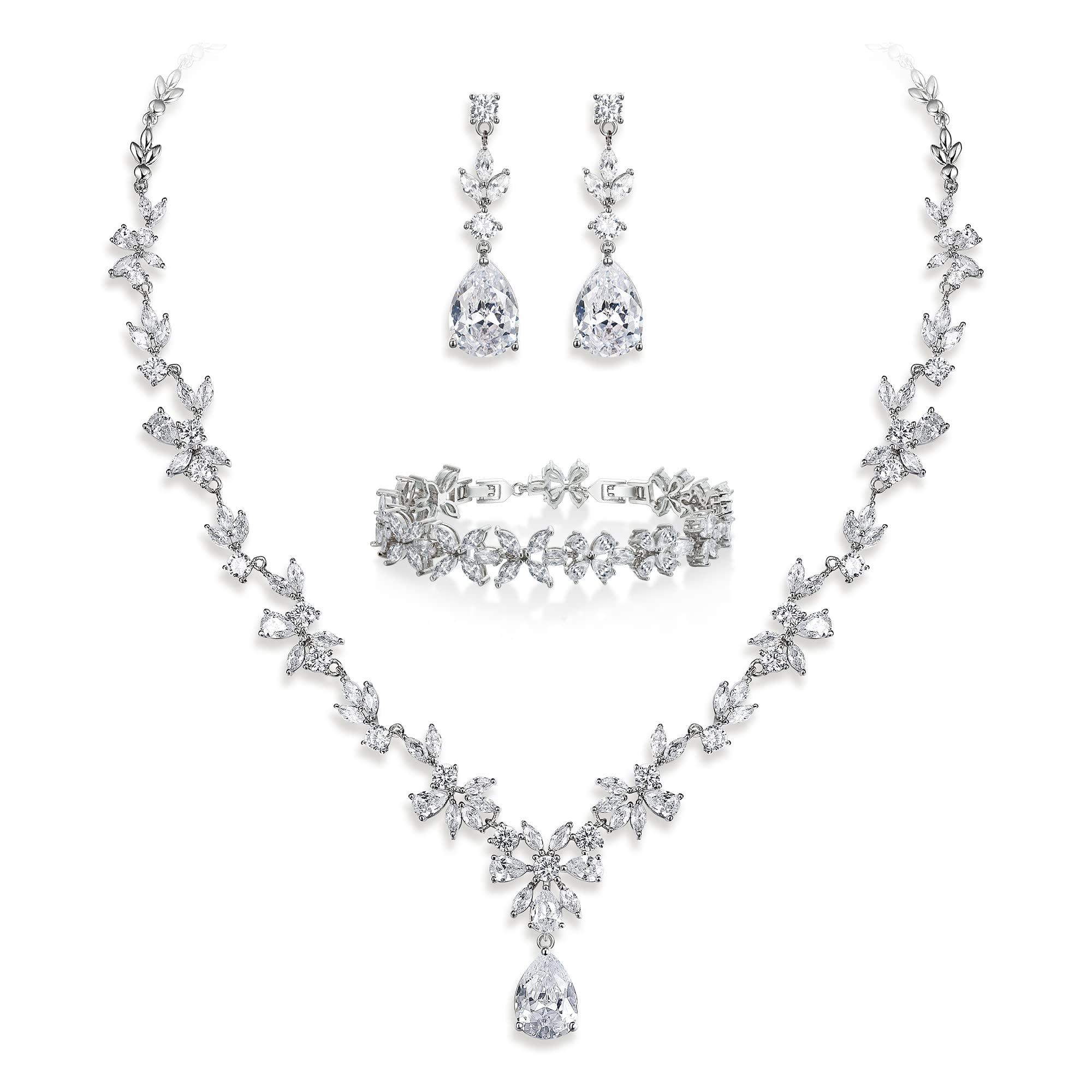 Crysdue Wedding Jewelry Set for Women, Floral Leaf Vine Teardrop Necklace Dangle Earrings Bracelet and Hair Comb, Cubic Zirconia Elegant Party Prom Jewellery for Bridal Bridesmaid