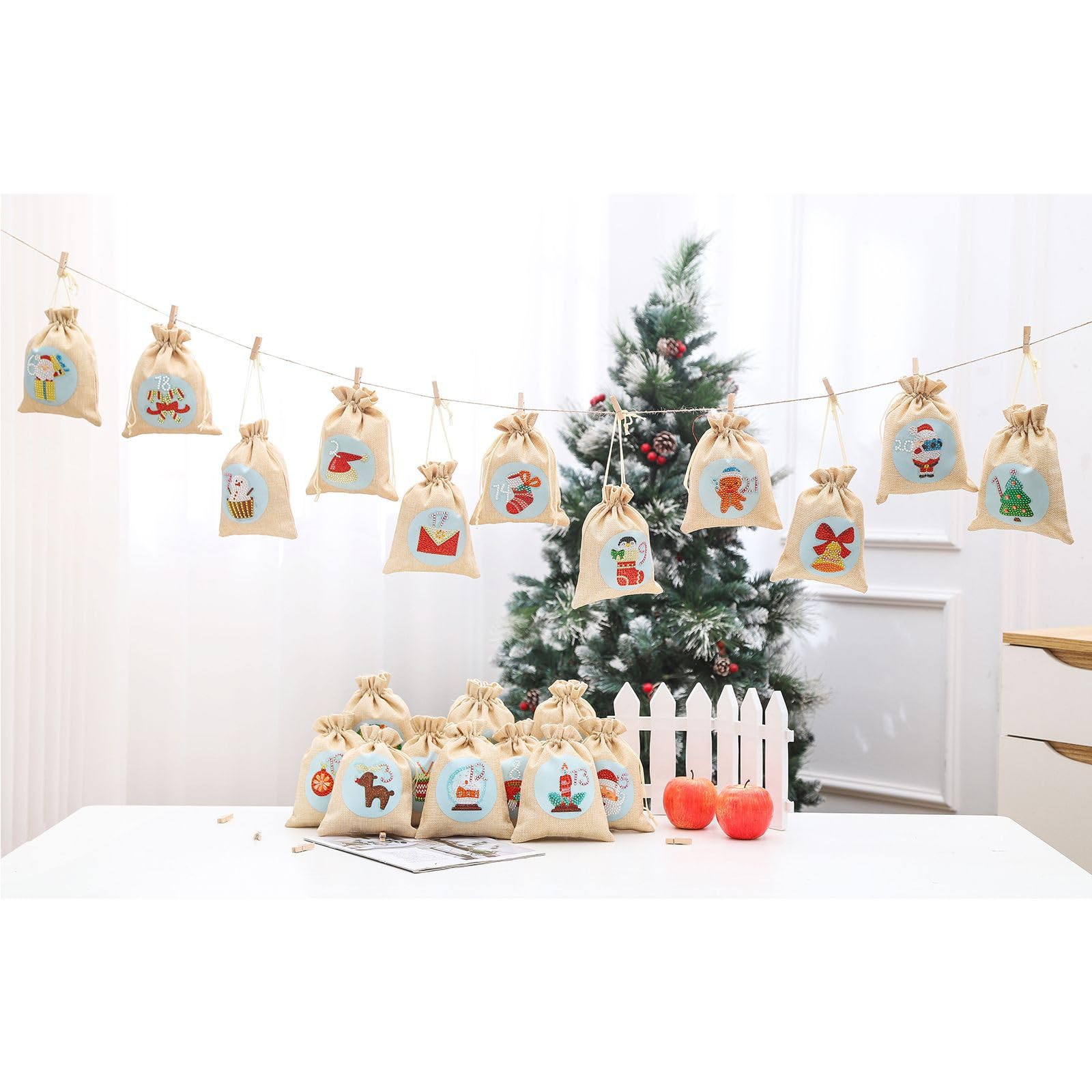 24 Adventskalender Tüten zum Befüllen Jutesäckchen, 24 Jutesäckchen Adventskalender zum Befüllen Stoff, Weihnachtssüßigkeitsbeutel, Geschenkbeutel 15x20 cm-Weihnachts-Süßigkeitentüte