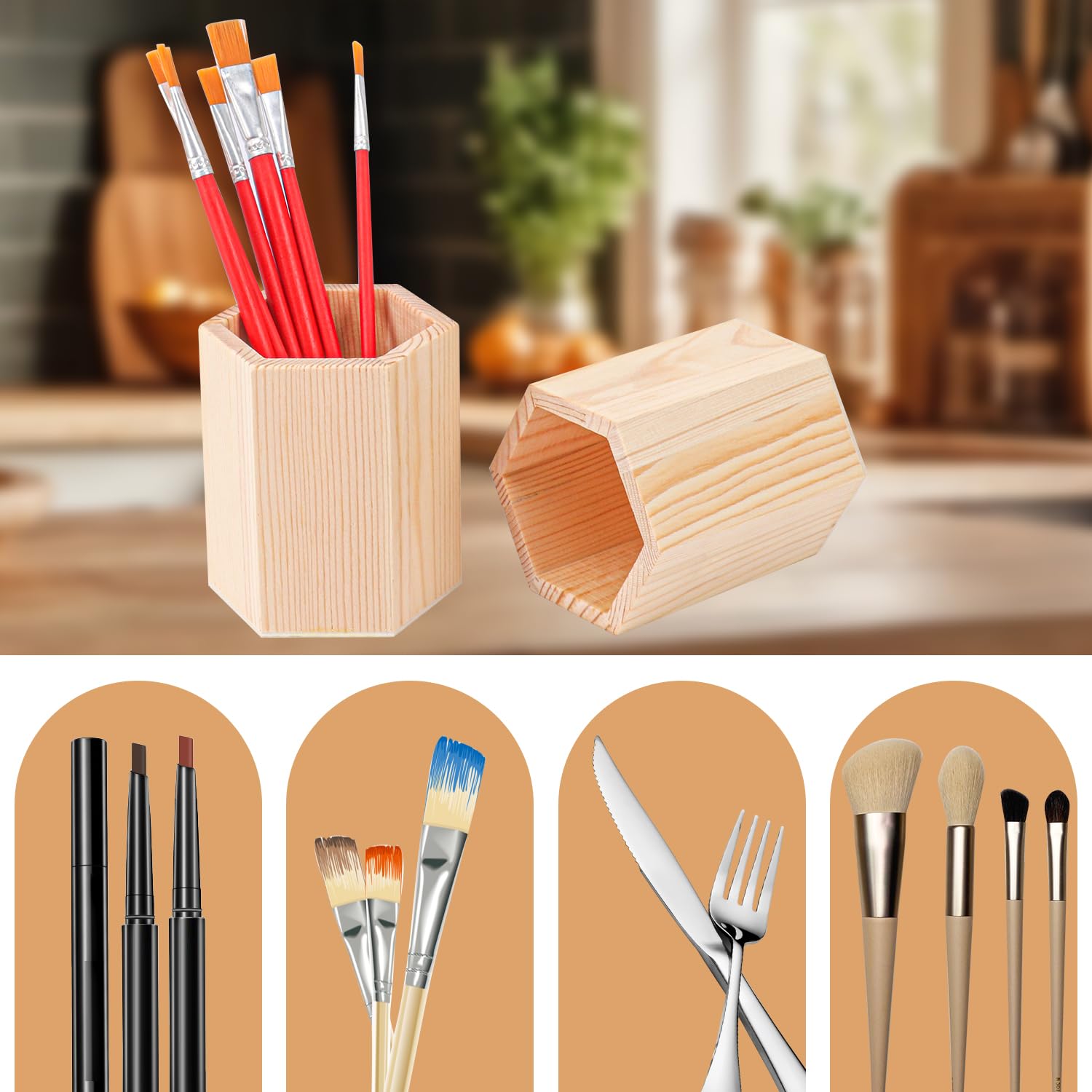 Confezione da 18 portamatite esagonali in legno grezzo, 7,6 x 7,6 x 10,2 cm, portamatite in legno, per scrivania, ufficio, progetti fai da te