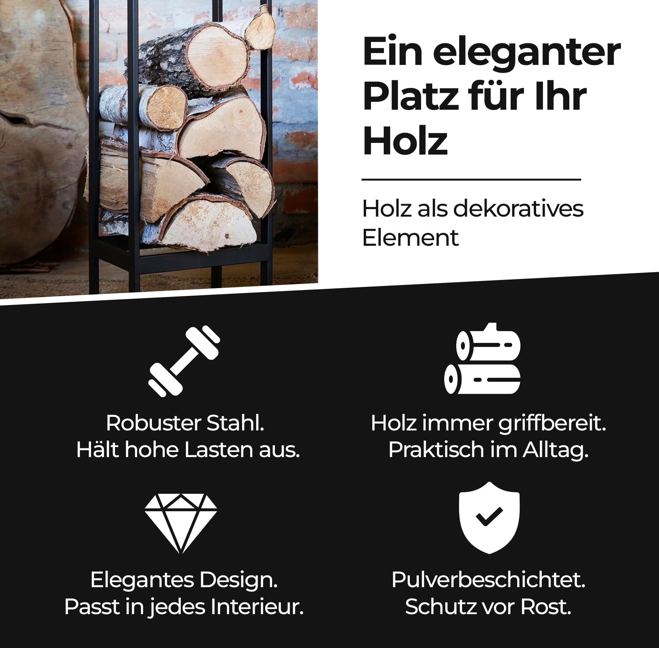 Kapaga Kaminholzregal aus Metall 25x25x70 cm schwarz – vollständig geschweißt ohne Verschraubung und ohne Montage – pulverbeschichtet kratzfest witterungsbeständig – Kaminholzständer innen