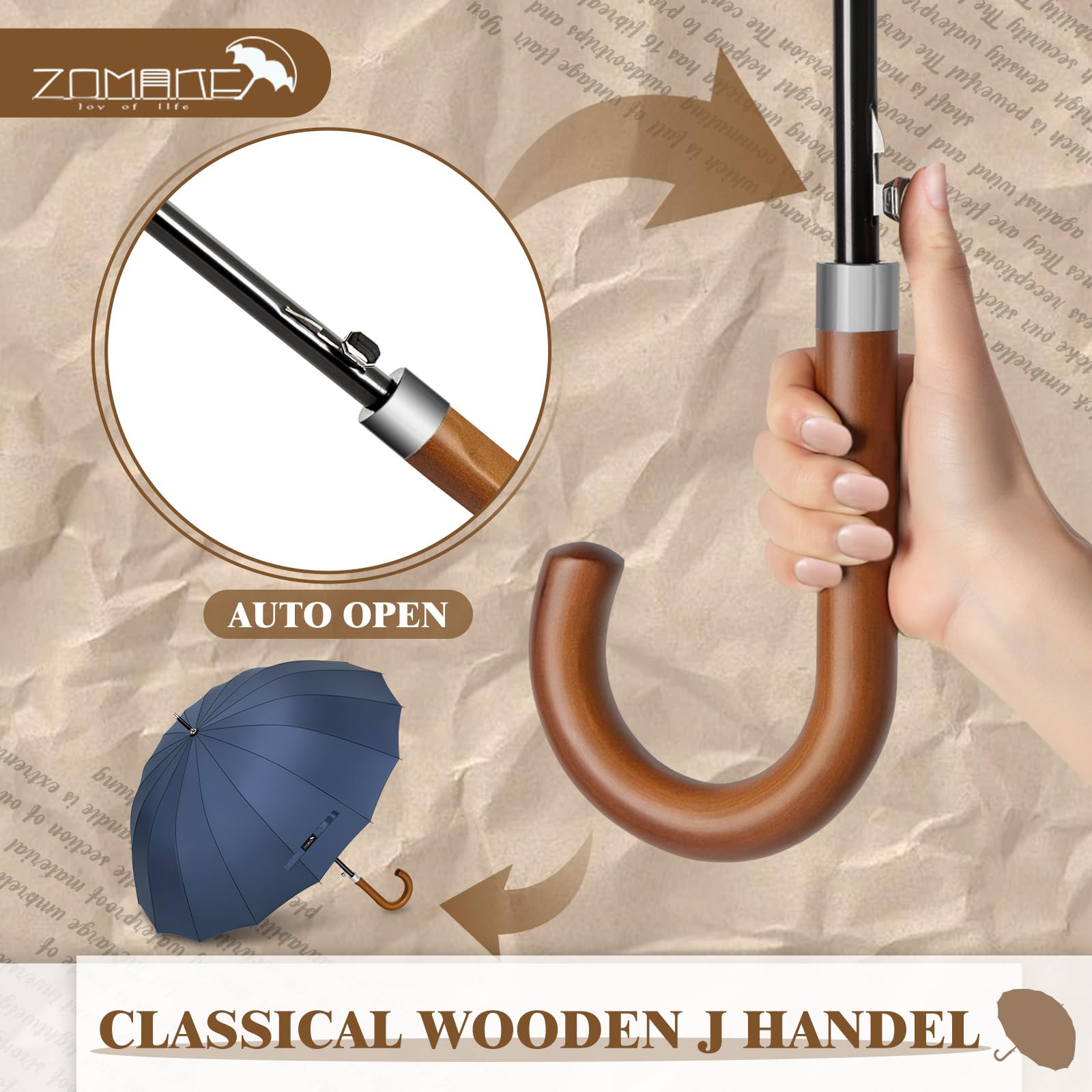 ZOMAKE Ombrello Pioggia 55 Pollici,Ombrello Classico Automatico Antivento 16 Costole, Ombrello Golf Grande XXL Robusto Con Manico In Legno Uomo Donna