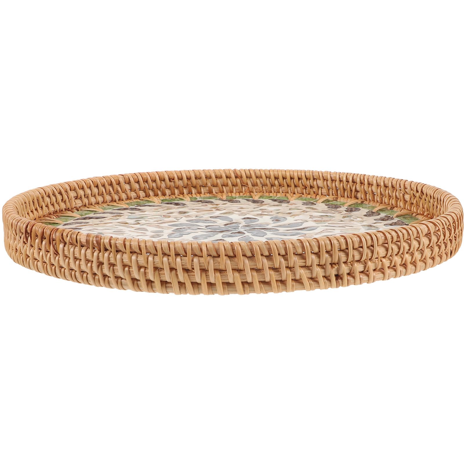 Bandeja Redonda Tejida de Ratán y Conchas Decorativa y Rústica para Servir y Almacenar en Cocina o Baño, Soporte Adecuado para Artículos Diversos