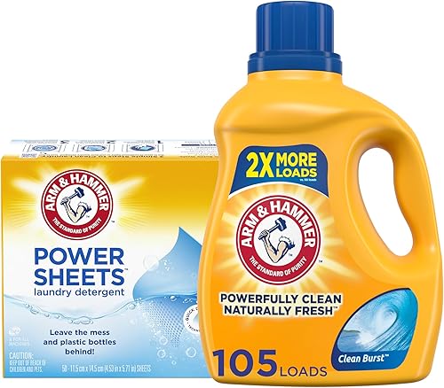 Paquete de detergente para ropa Arm & Hammer Power Sheets de lino fresco, 50 unidades, hasta 100 cargas pequeñas + Arm & Hammer Liquid Laundry 105oz